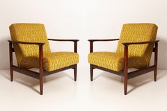 Pair of Mid Century Yellow Jacquard Velvet Armchairs with Stool, 1960s