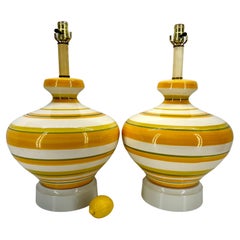 Pair of Mid-Century Yellow Striped Ceramic Table Lamps, Italy