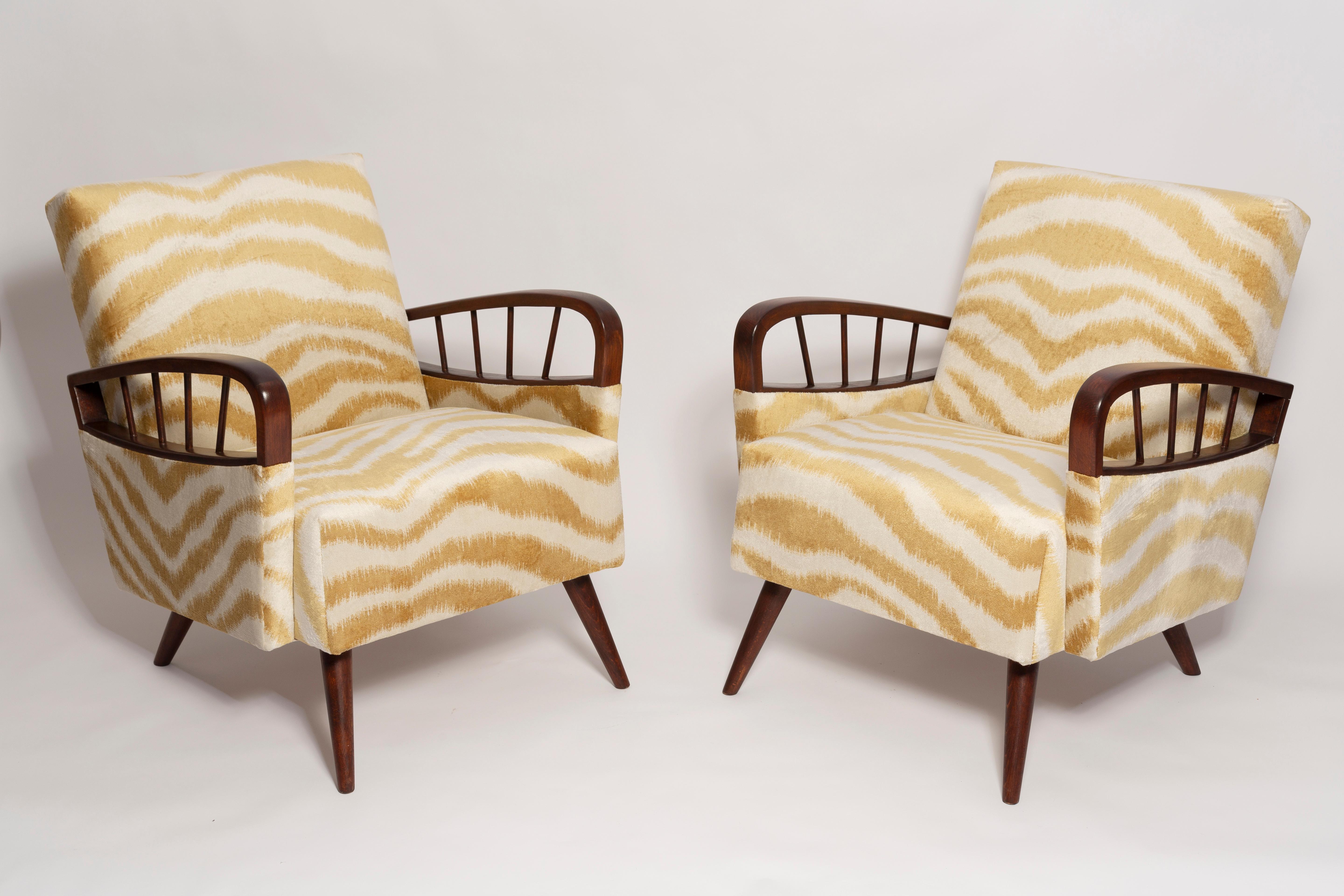 Pair of Mid Century Zebra Tiger Velvet Armchairs with Game Table, Europe, 1960s 3