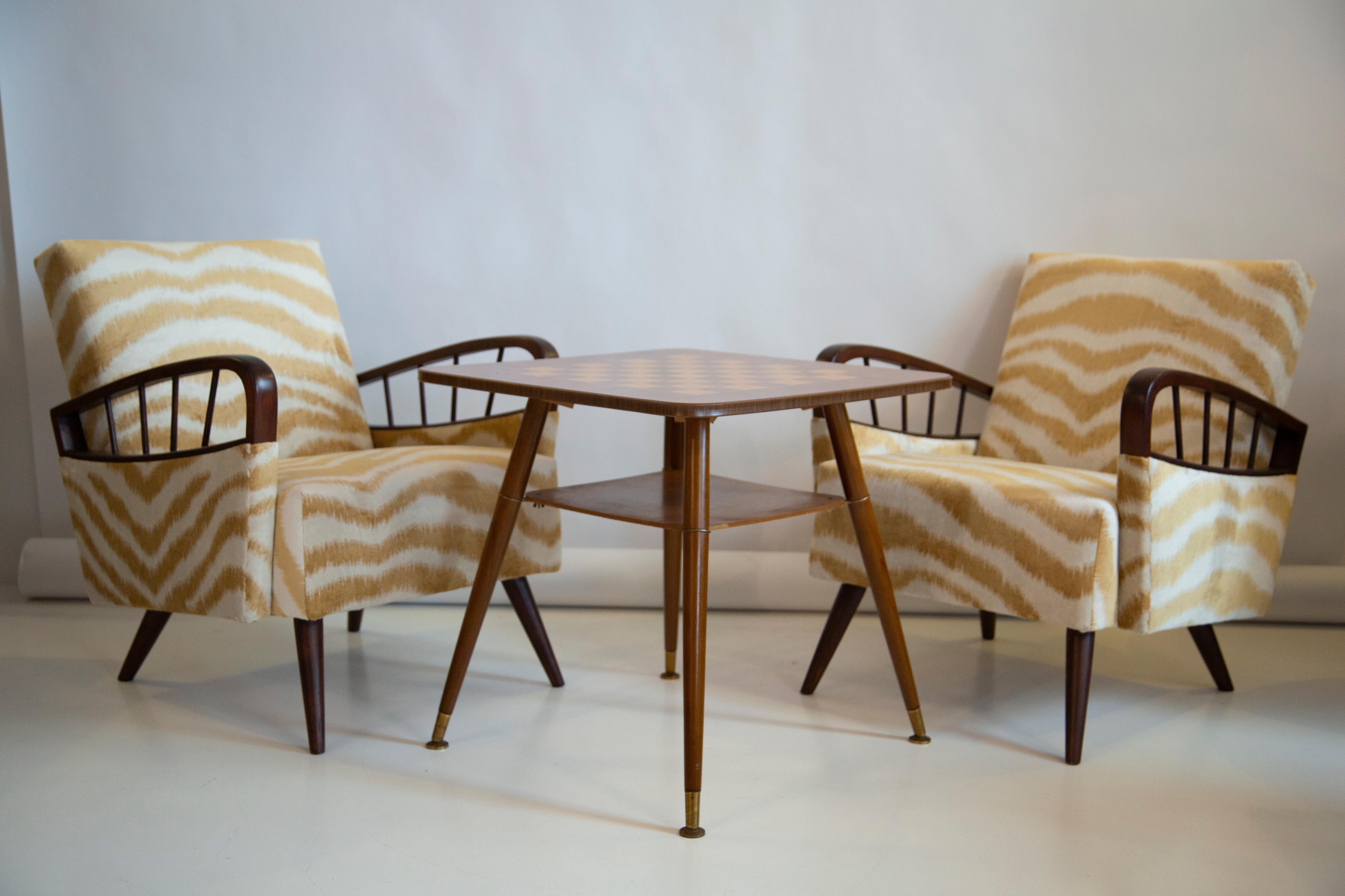 Polish Pair of Mid Century Zebra Tiger Velvet Armchairs with Game Table, Europe, 1960s