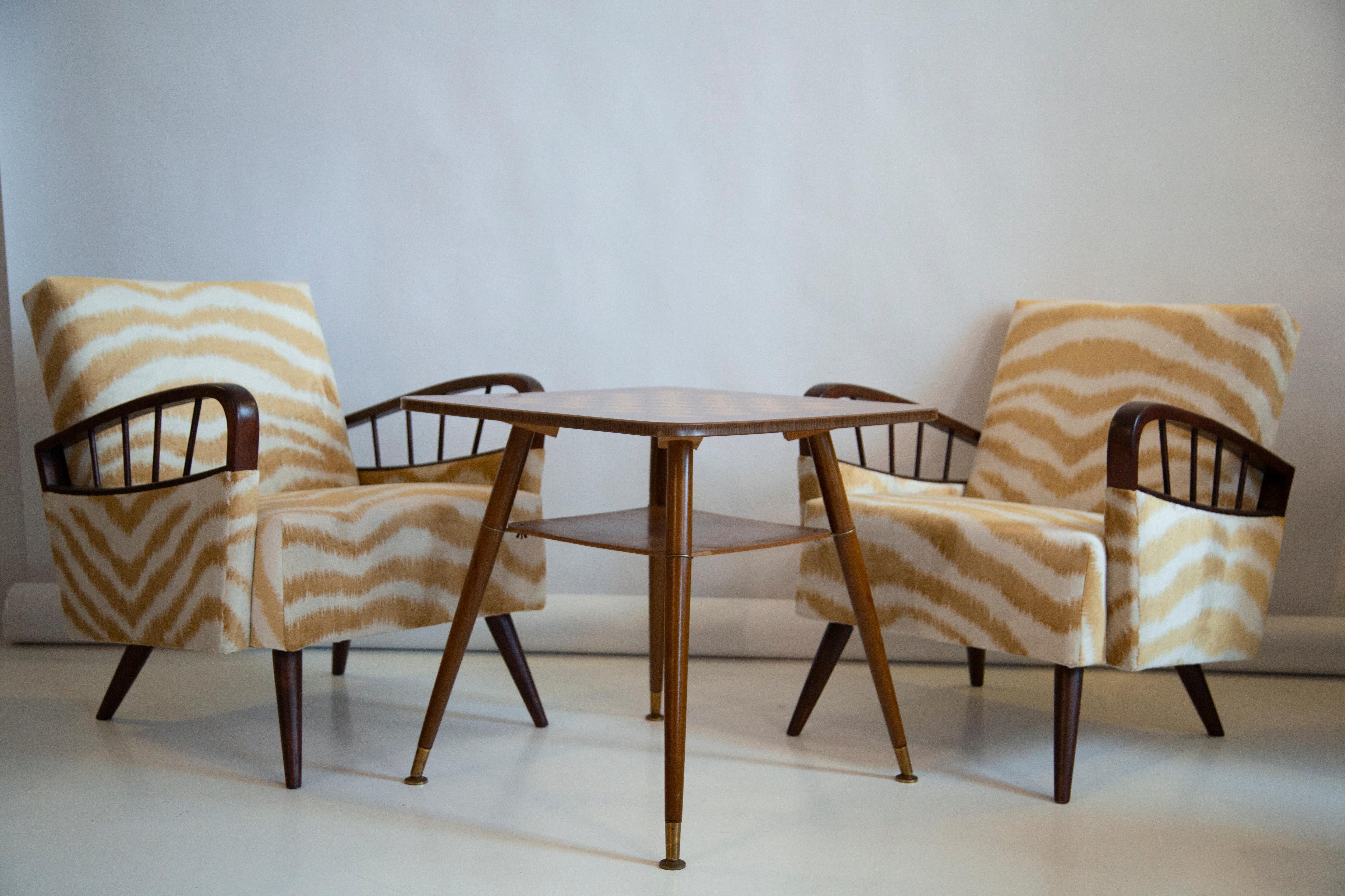 Hand-Crafted Pair of Mid Century Zebra Tiger Velvet Armchairs with Game Table, Europe, 1960s