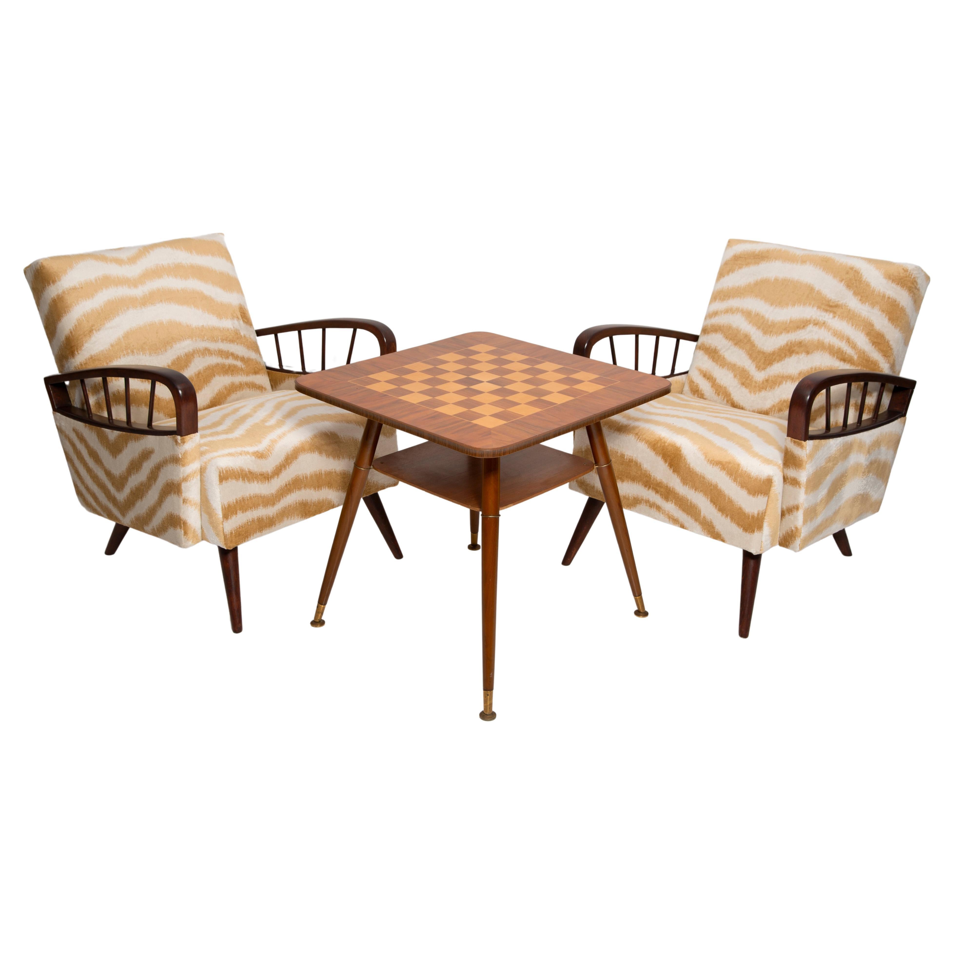 Pair of Mid Century Zebra Tiger Velvet Armchairs with Game Table, Europe, 1960s