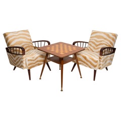 Pair of Mid Century Zebra Tiger Velvet Armchairs with Game Table, Europe, 1960s
