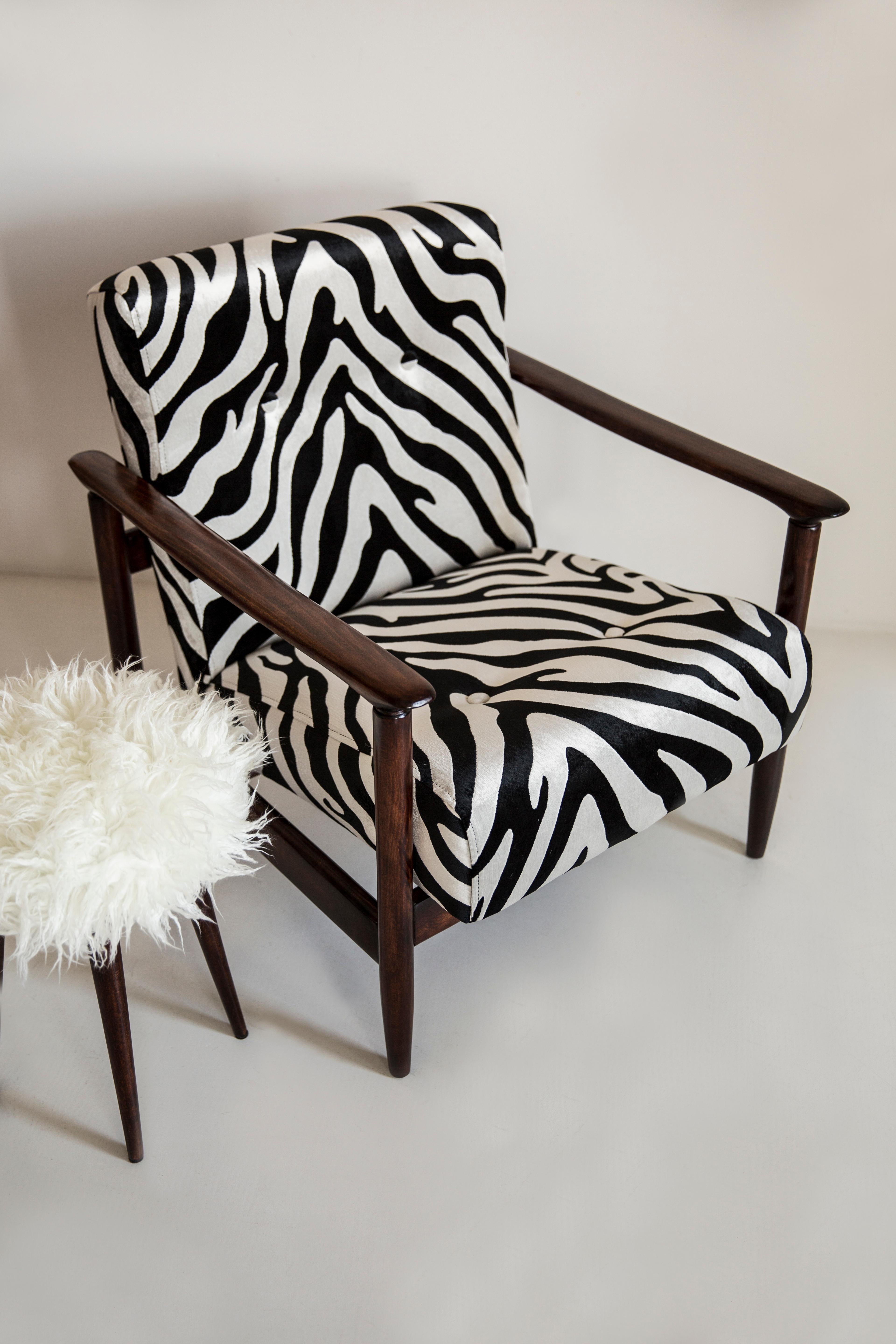Beautiful Zebra Velvet Armchair GFM-142, designed by Edmund Homa, a polish architect, designer of Industrial Design and interior architecture, professor at the Academy of Fine Arts in Gdansk. 

The armchair was made in the 1960s in the Gosciecinska