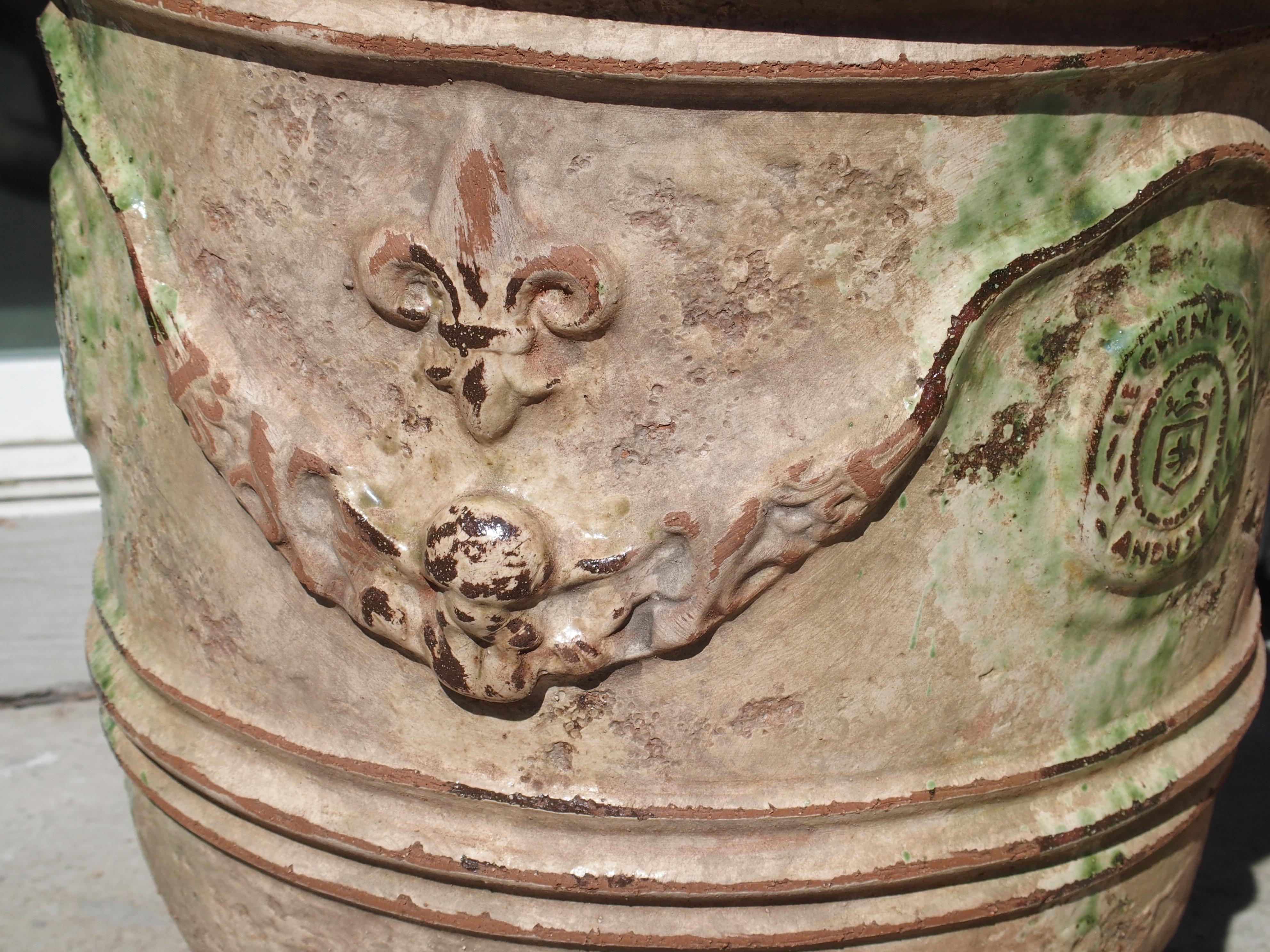 Glazed Pair of Mid Sized Distressed Terra Cotta Planters from Anduze, France