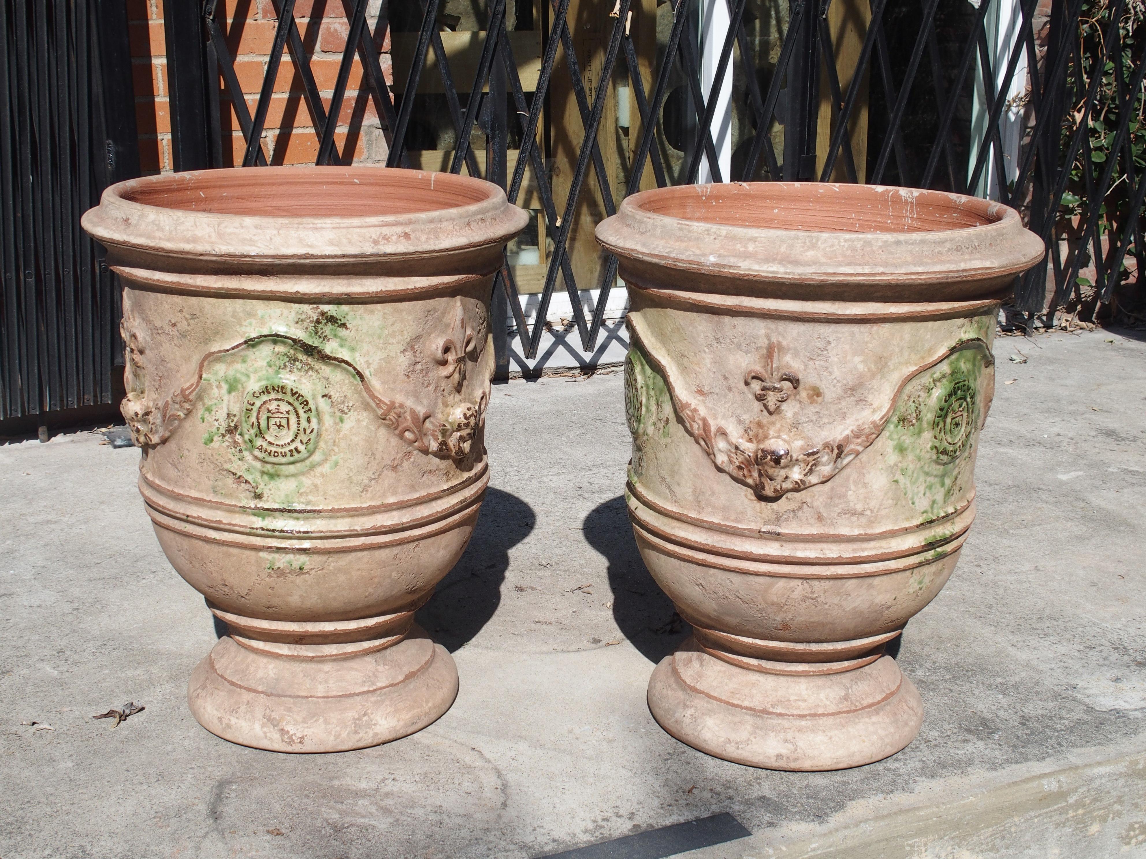 Pair of Mid Sized Distressed Terra Cotta Planters from Anduze, France 1