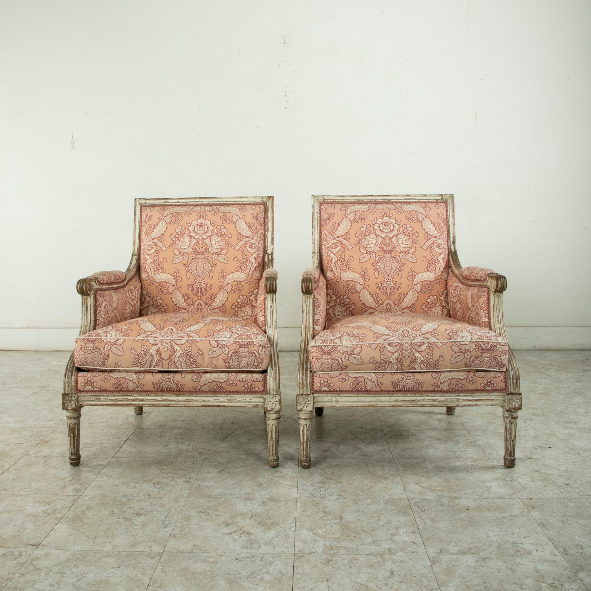 Pair of Mid-Twentieth Century French Louis XVI Style Painted Armchairs, Bergeres In Good Condition In Fayetteville, AR