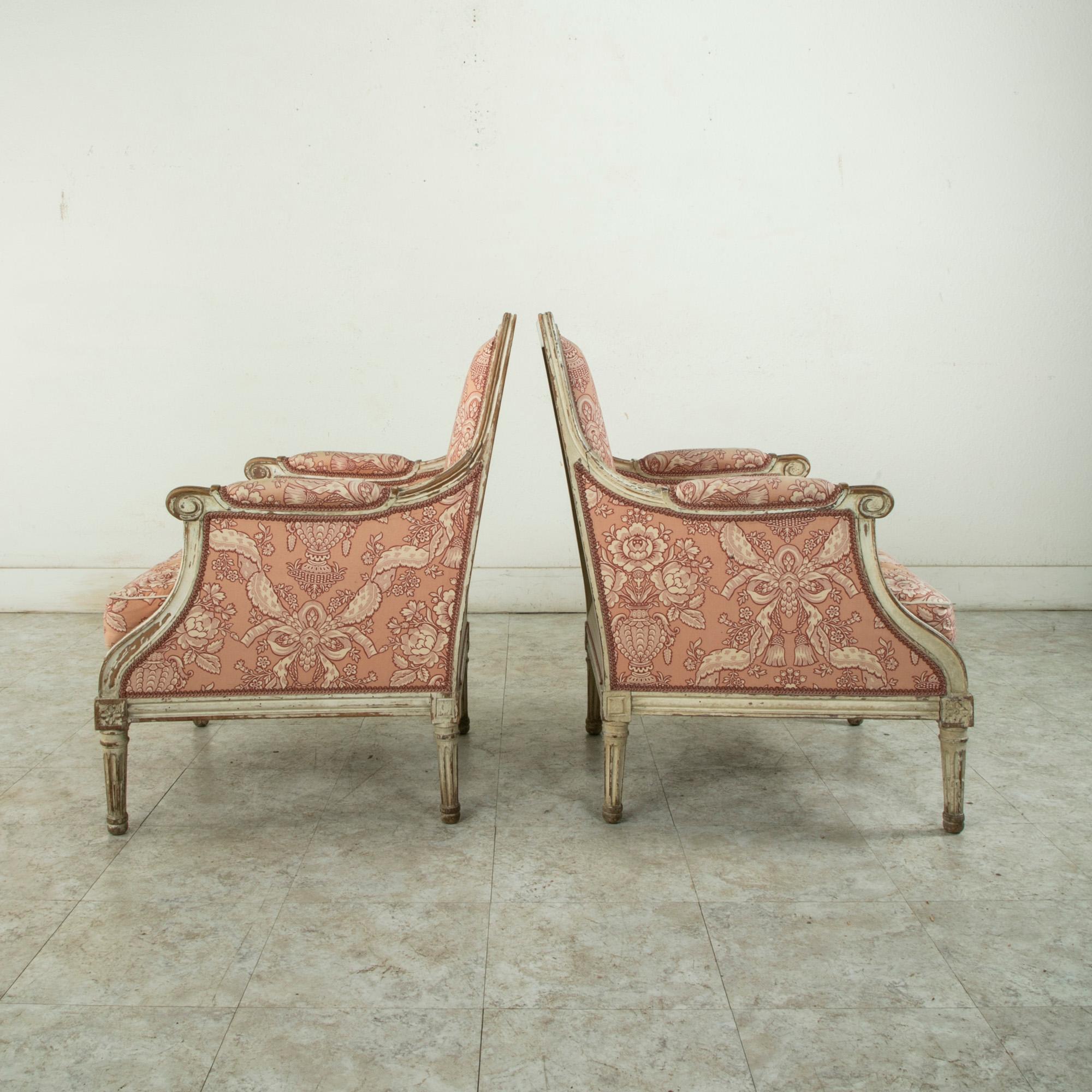 20th Century Pair of Mid-Twentieth Century French Louis XVI Style Painted Armchairs, Bergeres