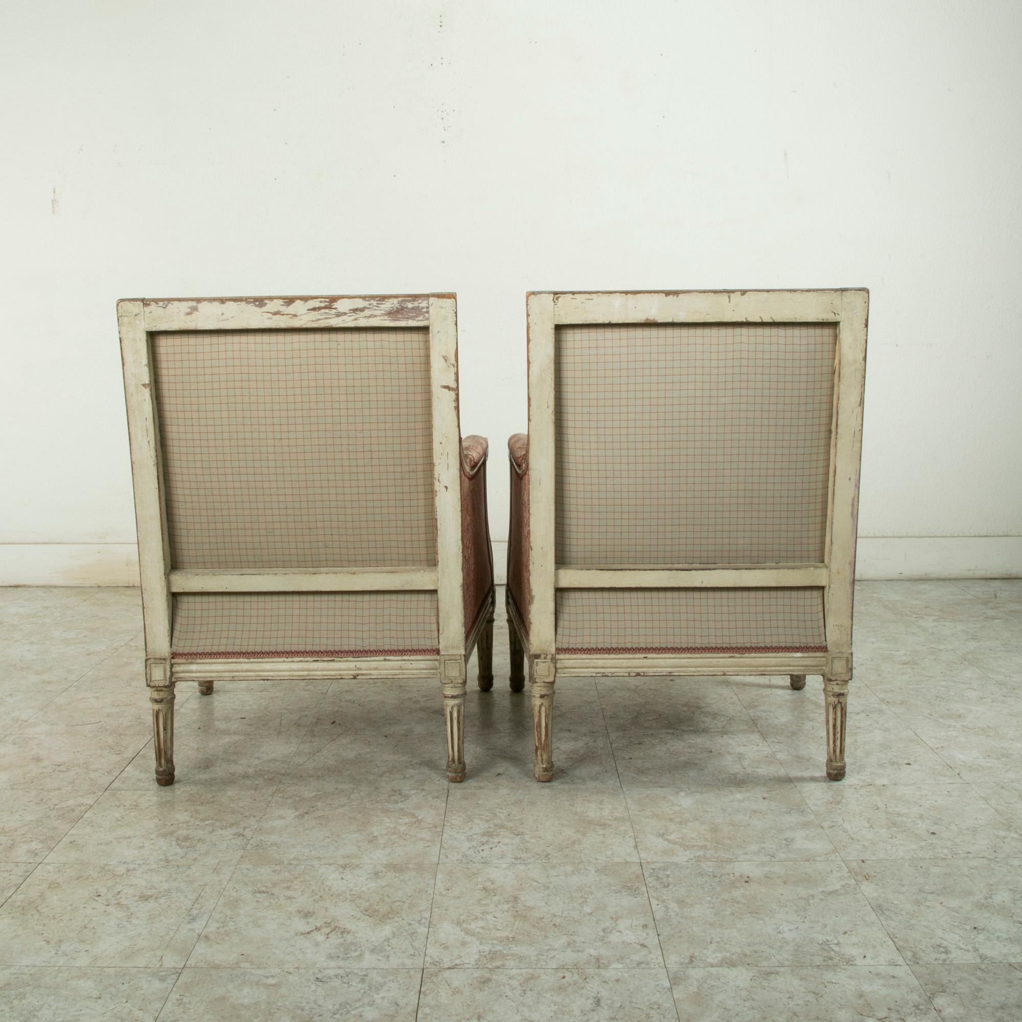 Upholstery Pair of Mid-Twentieth Century French Louis XVI Style Painted Armchairs, Bergeres