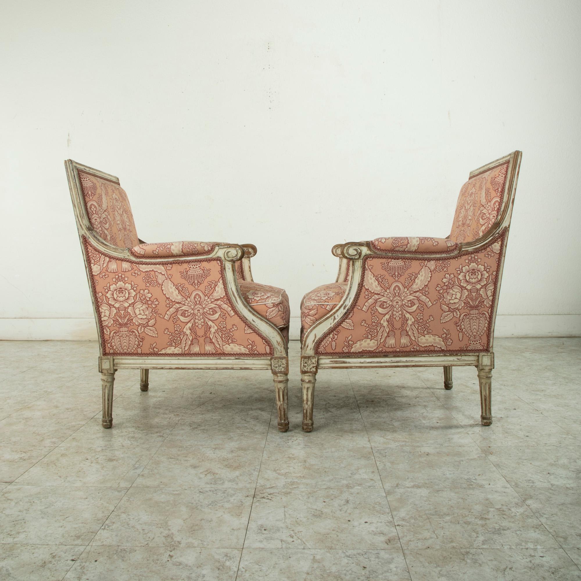 Pair of Mid-Twentieth Century French Louis XVI Style Painted Armchairs, Bergeres 1