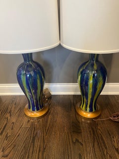 Pair of Mid Twentieth Century Peacock blue drip glaze table lamps