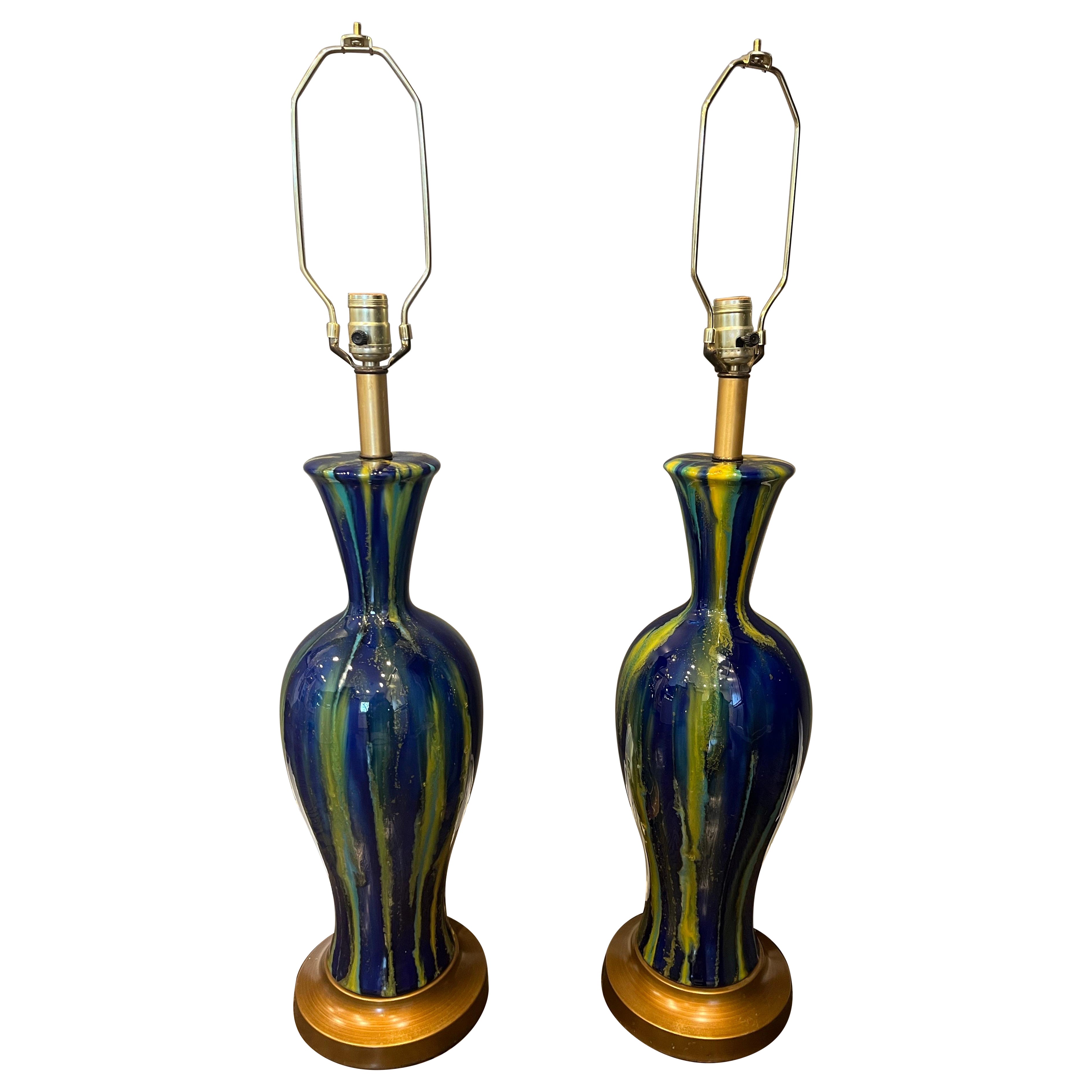 Pair of Mid Twentieth Century Peacock blue and green drip glaze table lamps For Sale