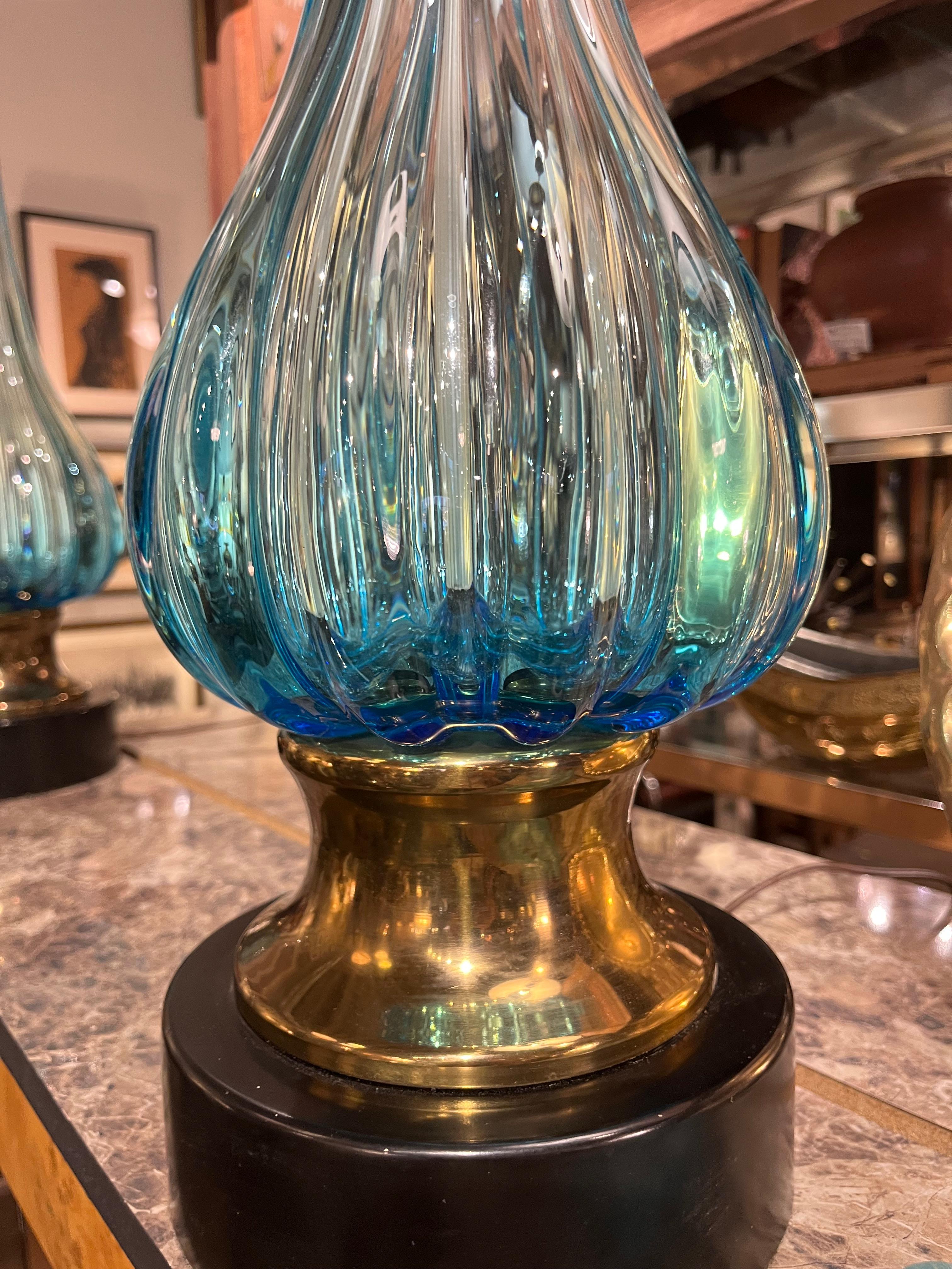 Pair of Mid Twentieth Century Seguso Murano blue glass lamps by Marbro 3