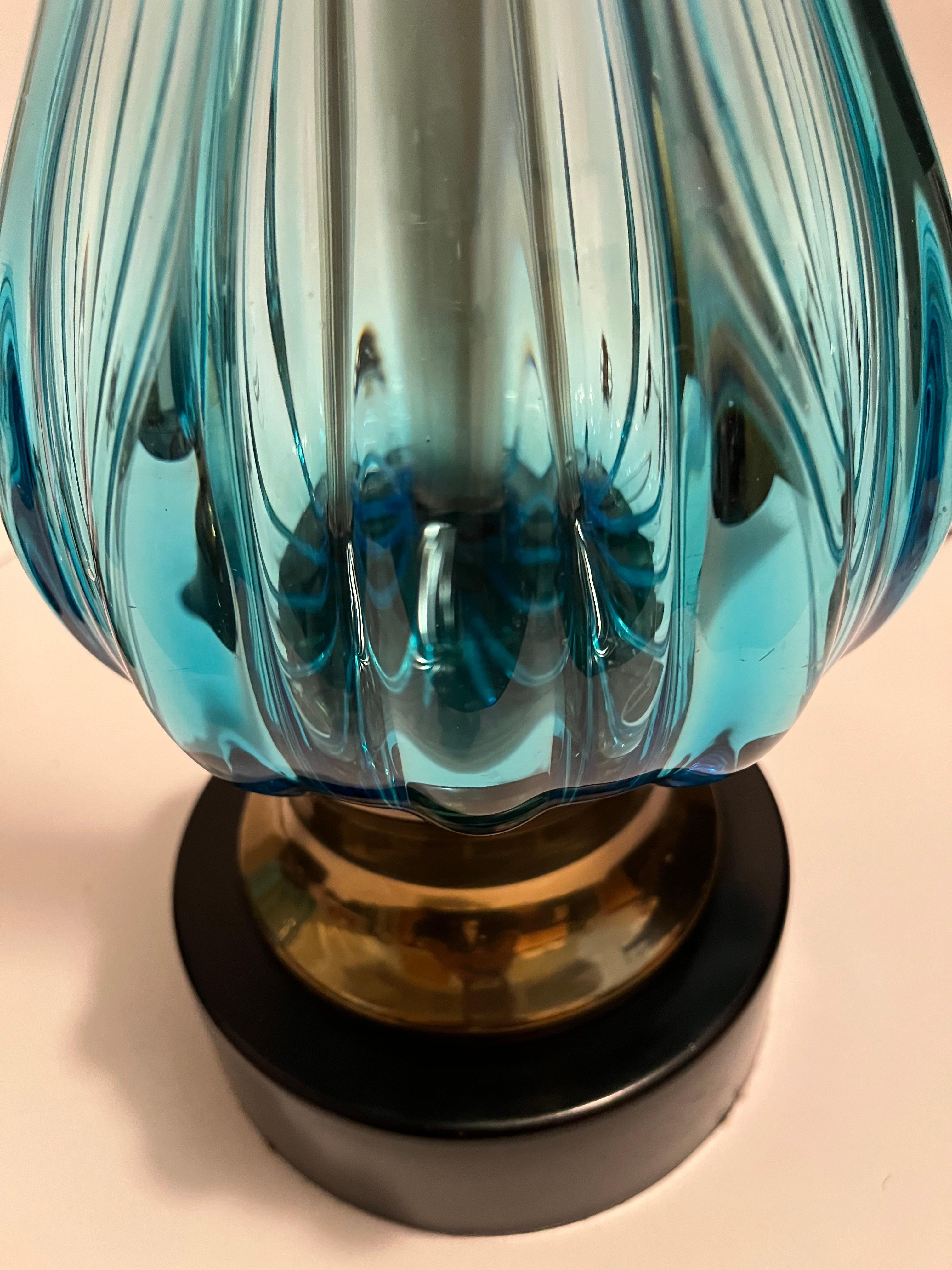 Italian Pair of Mid Twentieth Century Seguso Murano blue glass lamps by Marbro