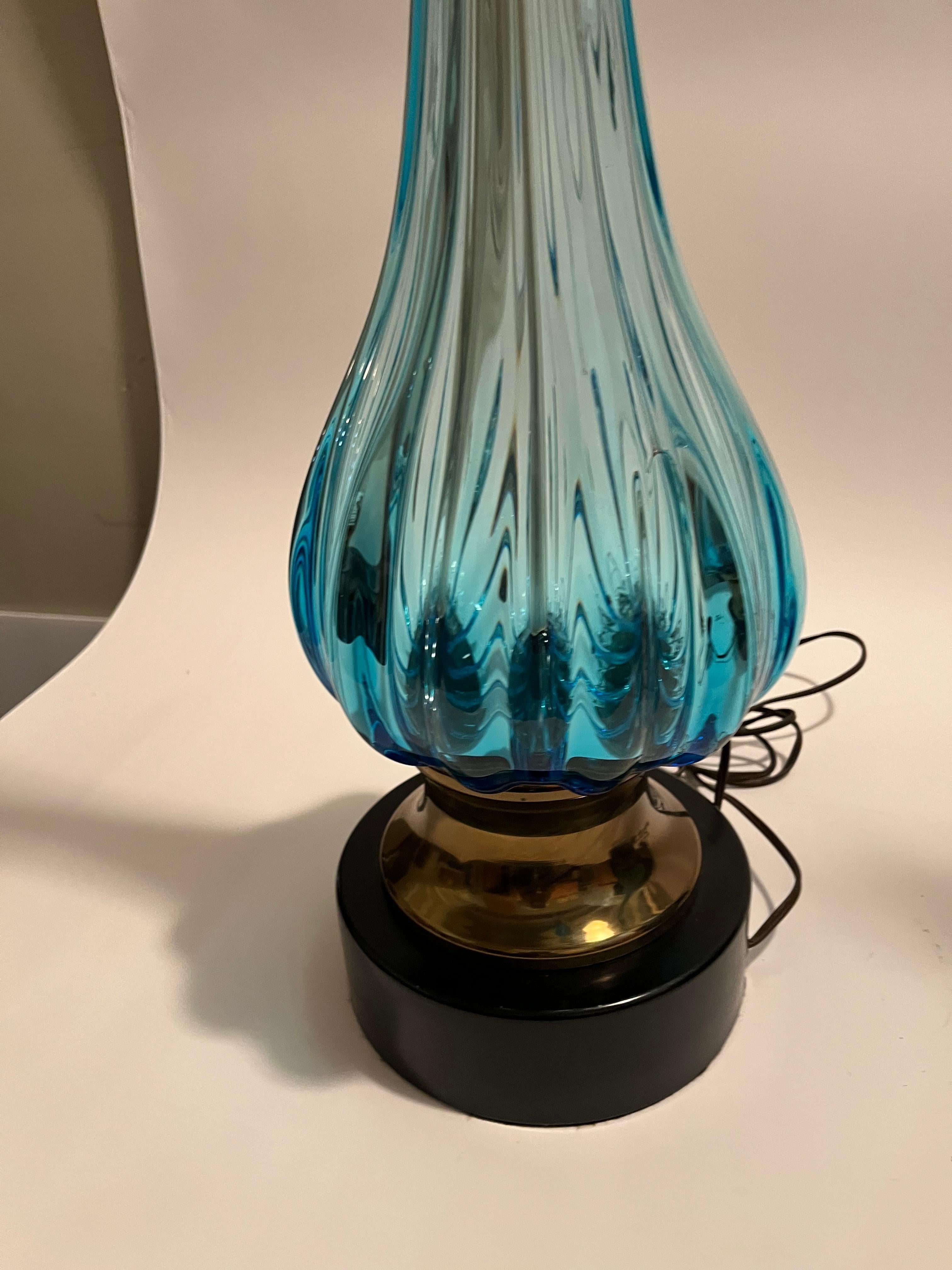 Pair of Mid Twentieth Century Seguso Murano blue glass lamps by Marbro 1