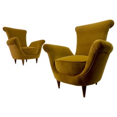 Retro Pair of Midcentury 1950s Italian Armchairs in Mustard Velvet