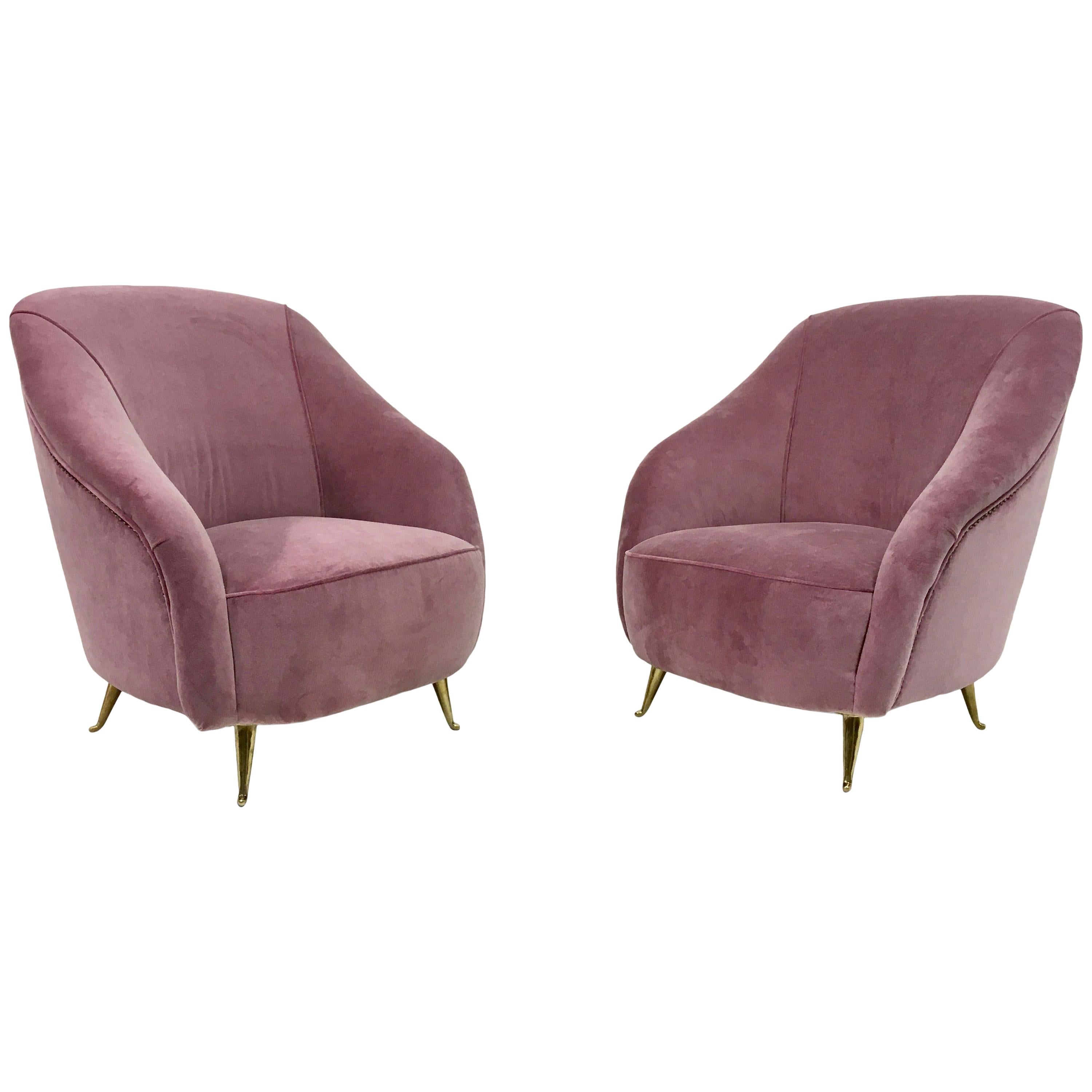 Pair of Midcentury 1950s Italian Armchairs in Pink Velvet