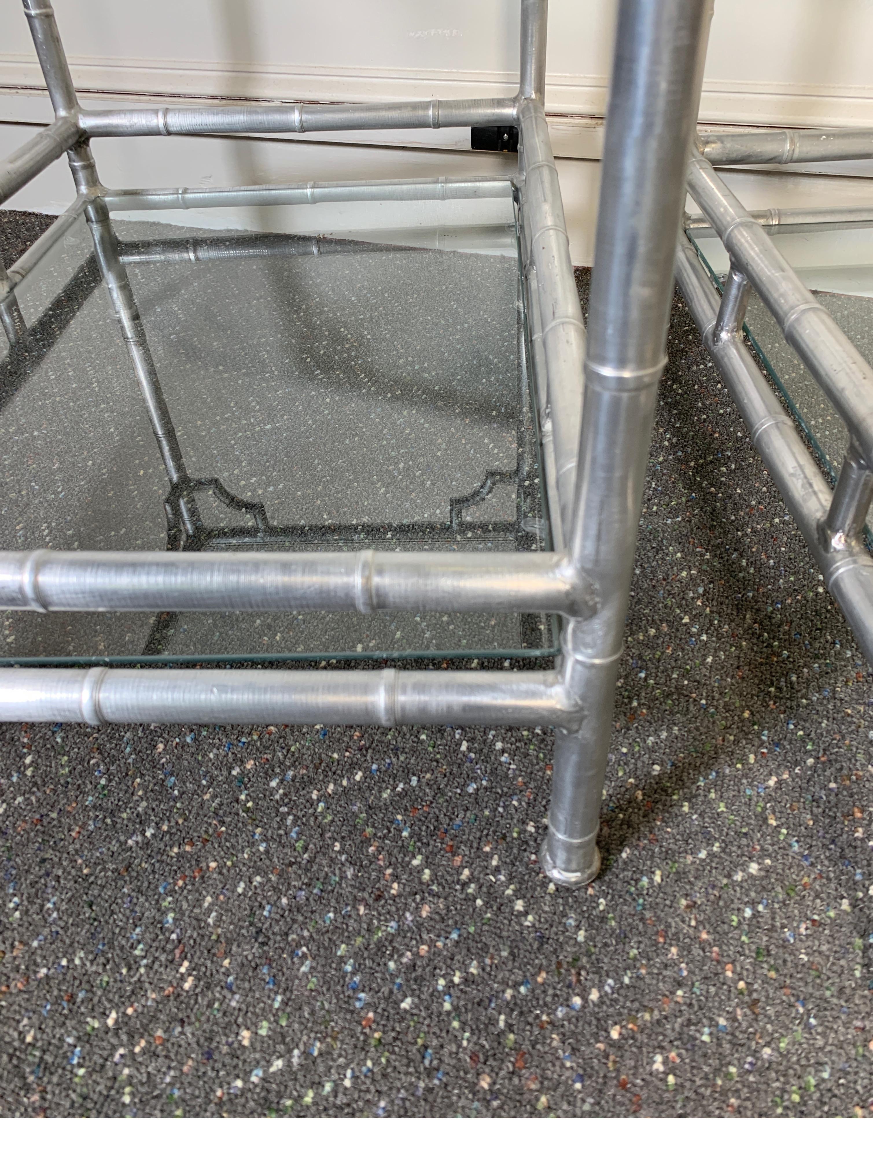 Pair of Midcentury 1960s Aluminum Faux Bamboo Side Tables with Glass Shelves 6