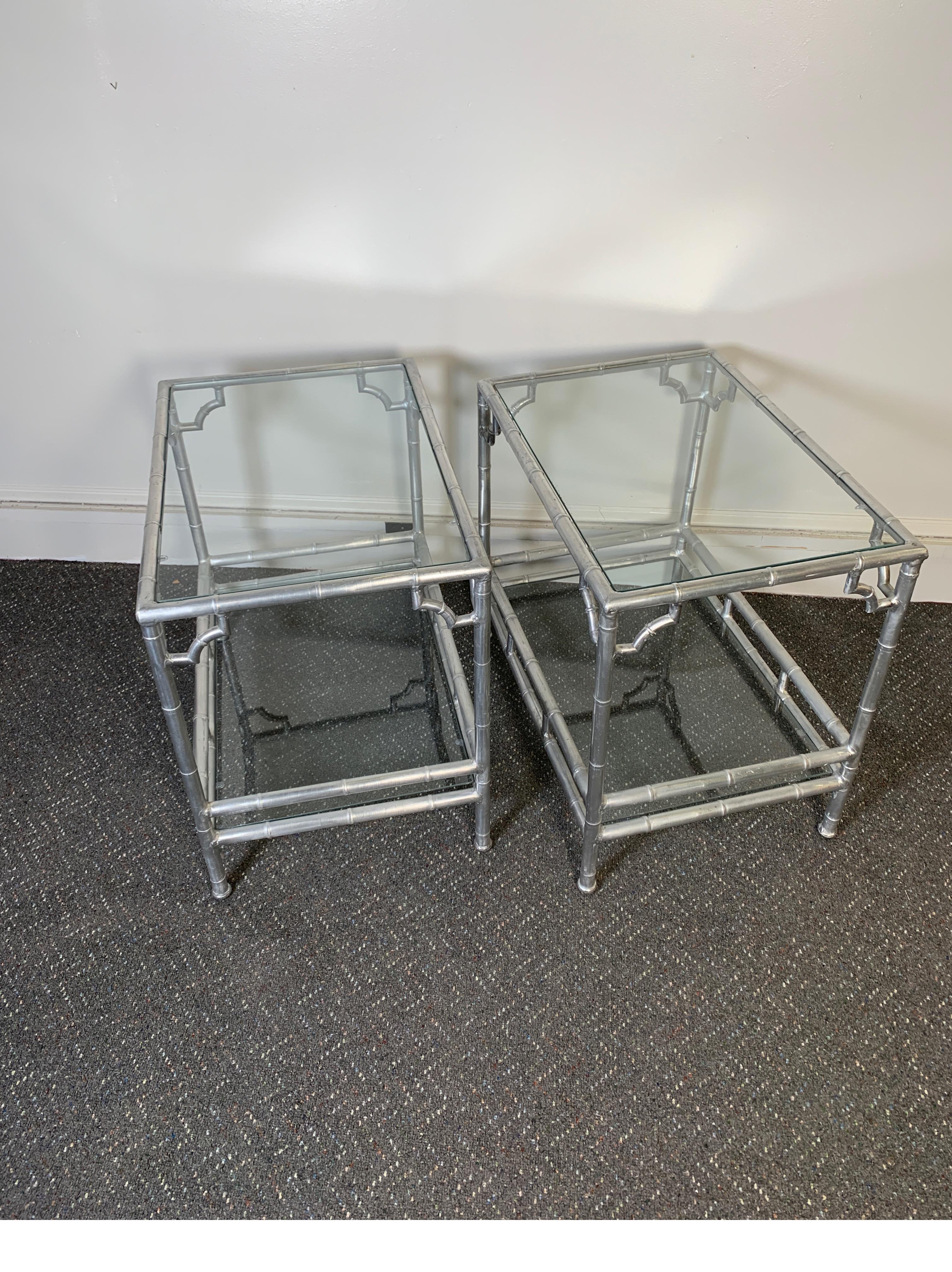 Pair of Midcentury 1960s Aluminum Faux Bamboo Side Tables with Glass Shelves 8