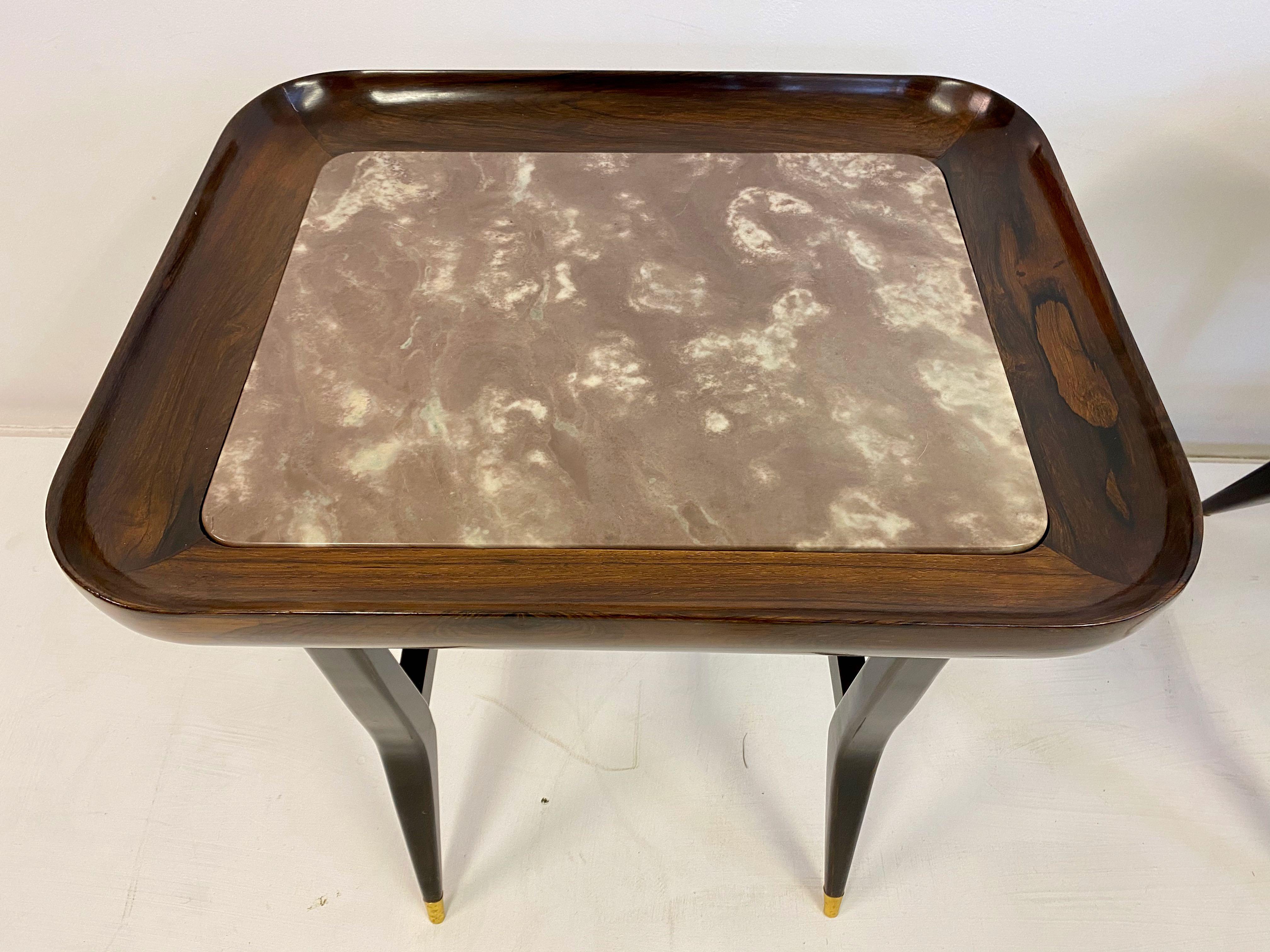 Hardwood Pair of Midcentury 1960s Giuseppe Scapinelli Side Tables with Marble Tops