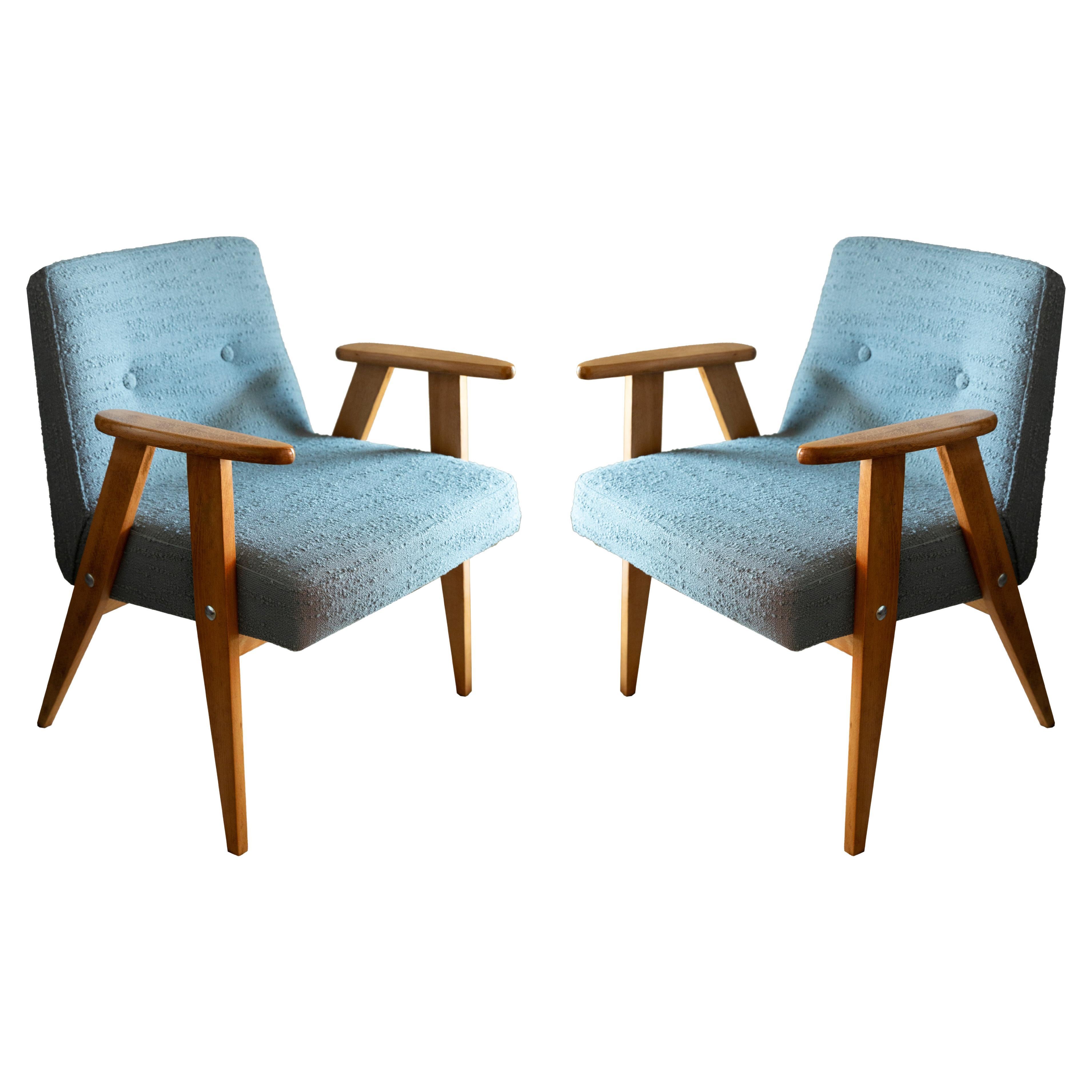 Pair of Midcentury 366 Club Armchairs in Gray Blue Boucle, Europe, 1960s