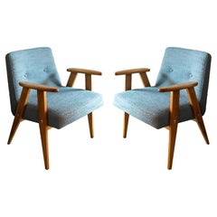 Vintage Pair of Midcentury 366 Club Armchairs in Gray Blue Boucle, Europe, 1960s