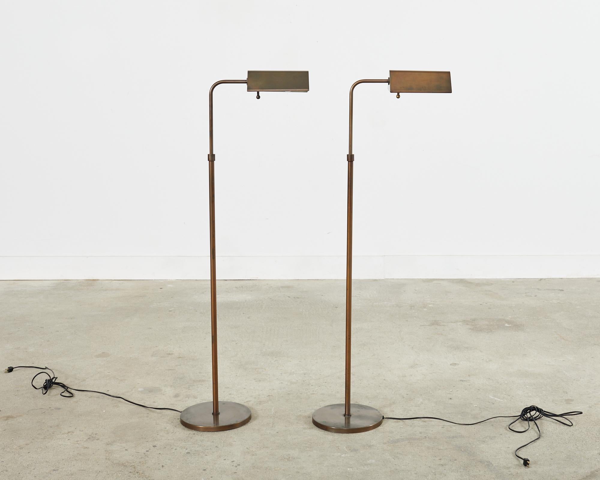 Pair of Midcentury Adjustable Height Bronzed Pharmacy Floor Lamps In Good Condition For Sale In Rio Vista, CA