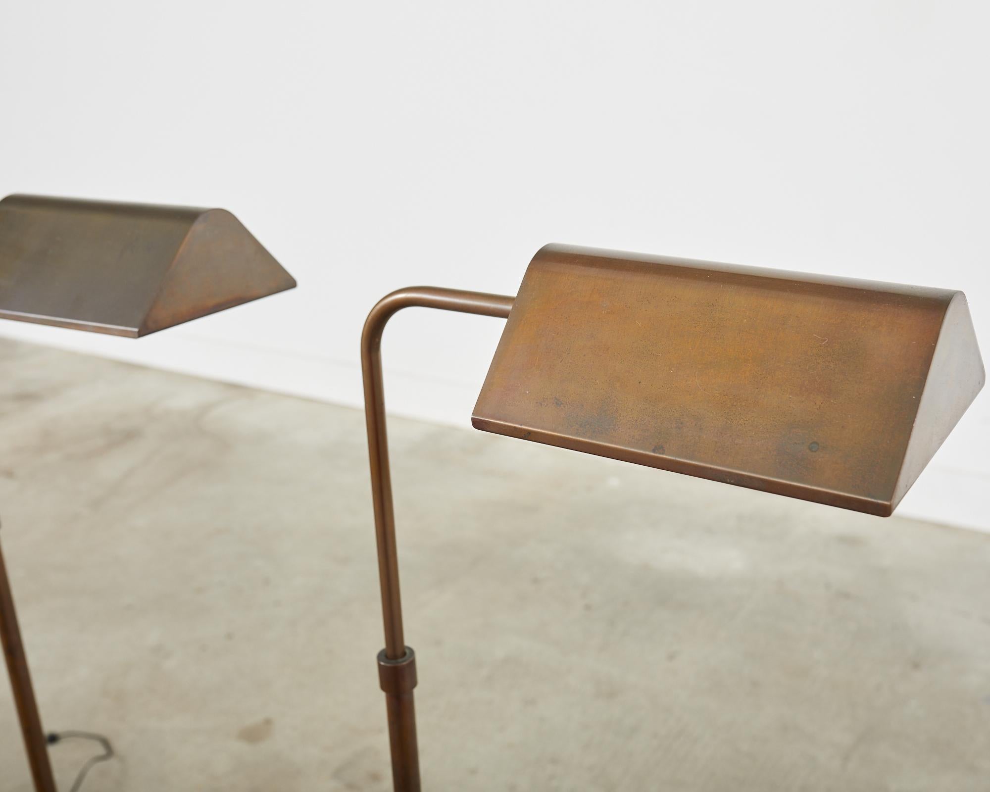 20th Century Pair of Midcentury Adjustable Height Bronzed Pharmacy Floor Lamps For Sale