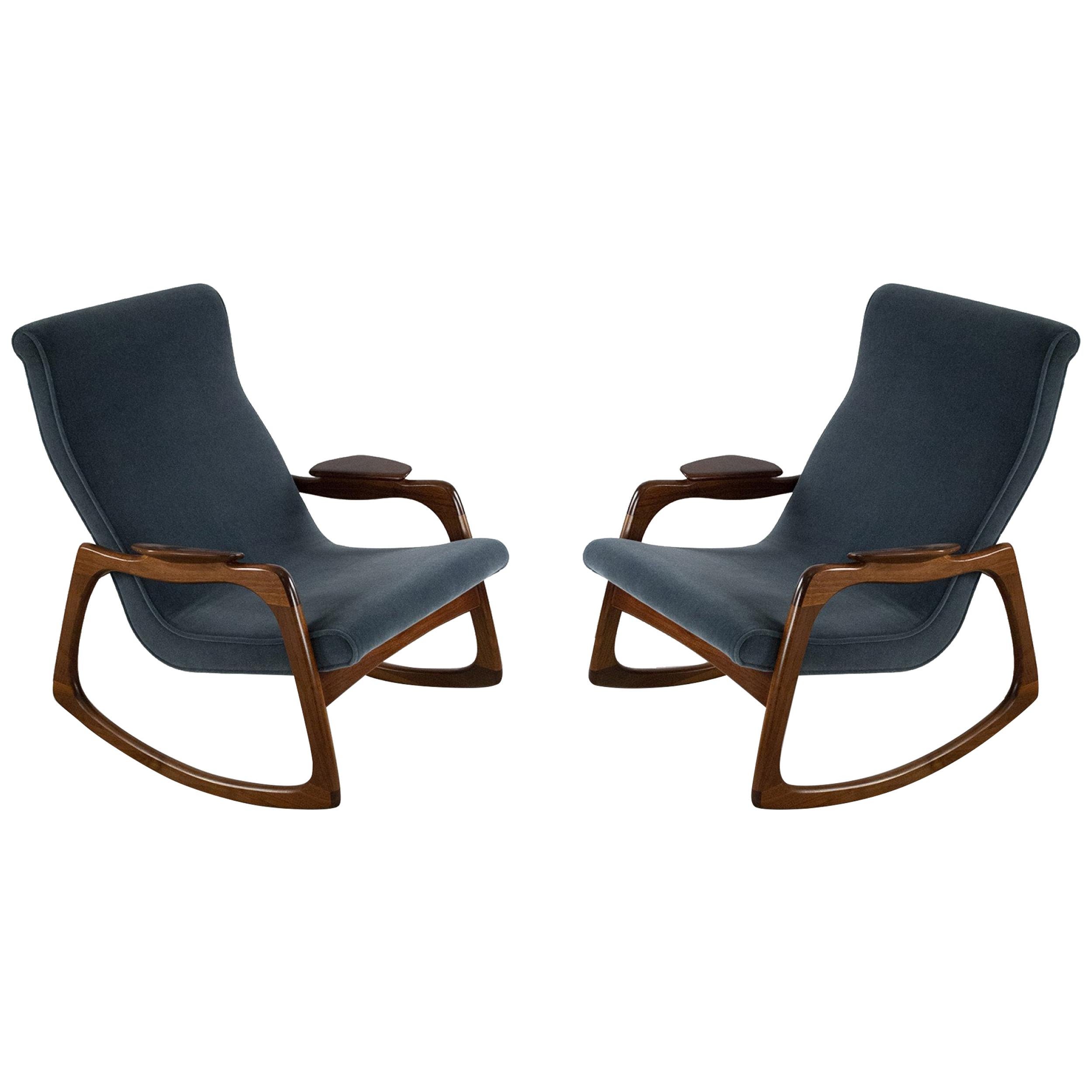 Pair of Midcentury Adrian Pearsall Blue Upholstered Walnut Rocking Chairs