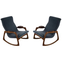 Pair of Midcentury Adrian Pearsall Blue Upholstered Walnut Rocking Chairs