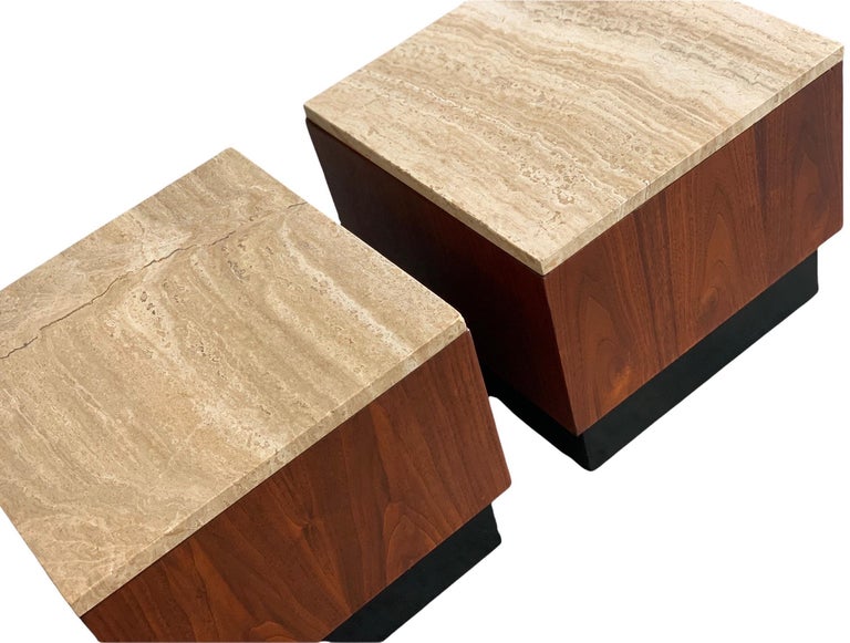 Pair of walnut and travertine pedestal side tables designed by Adrian Pearsall for Craft Associates. Perfect as end tables or use together as a coffee table. Italian travertine is free of chips or breaks and has gorgeous veining. Walnut veneer and