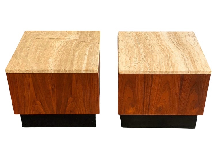 Mid-Century Modern Pair of Midcentury Adrian Pearsall Cube Pedestal Tables in Walnut and Travertine For Sale