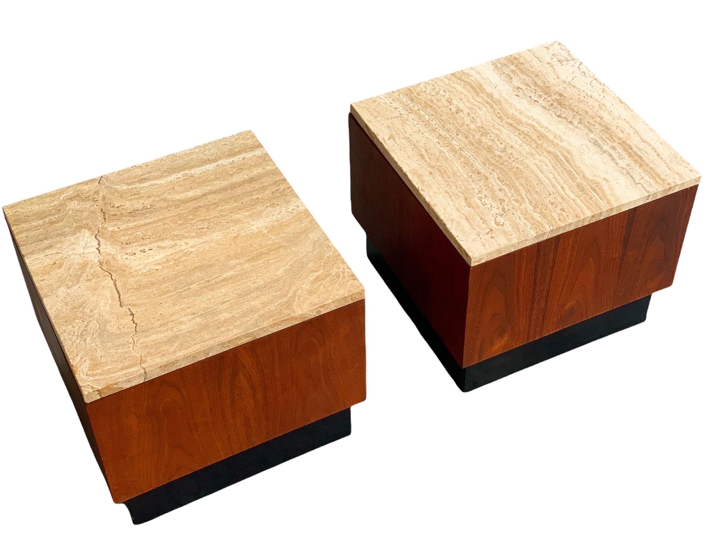 Mid-Century Modern Pair of MidCentury Adrian Pearsall Cube Pedestal Tables in Walnut and Travertine