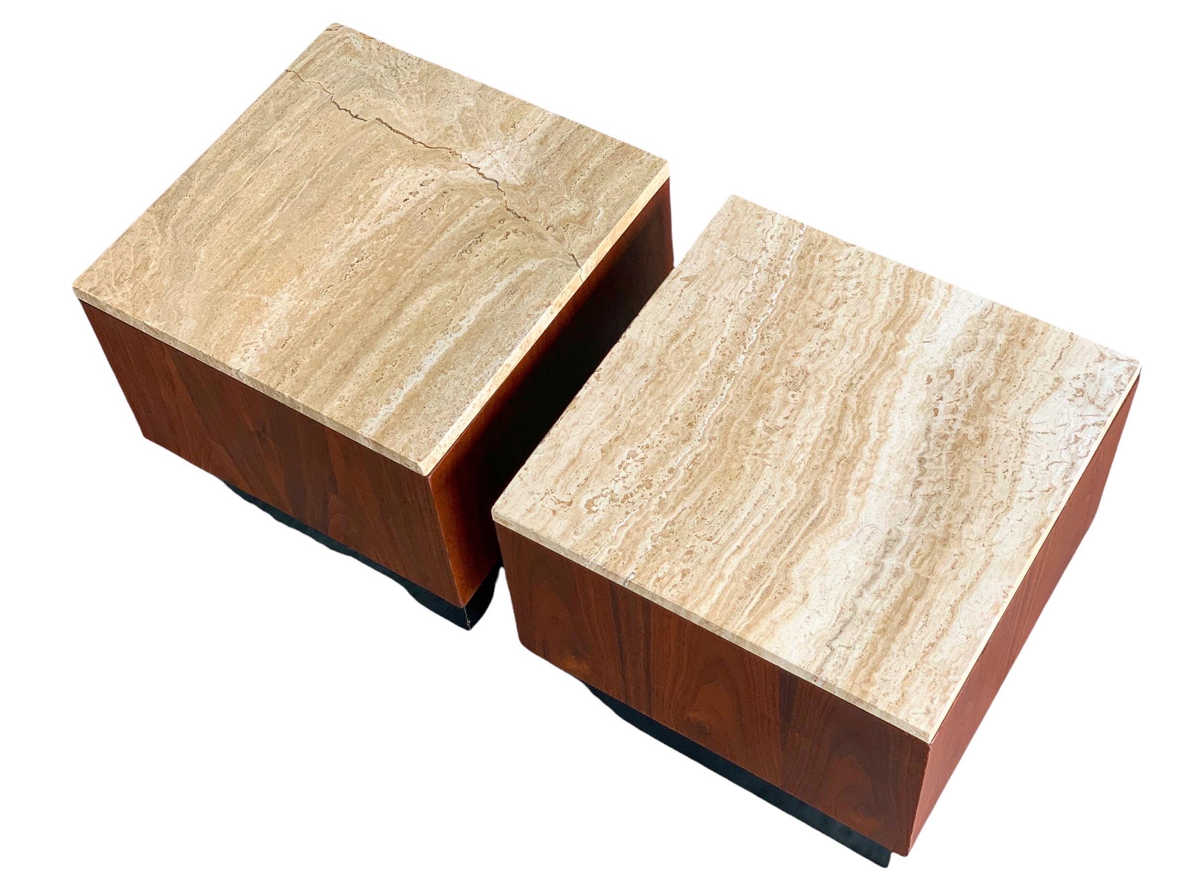 Mid-20th Century Pair of MidCentury Adrian Pearsall Cube Pedestal Tables in Walnut and Travertine
