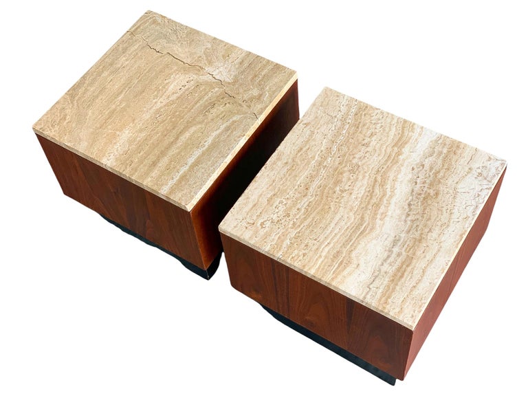 Pair of Midcentury Adrian Pearsall Cube Pedestal Tables in Walnut and Travertine For Sale 1