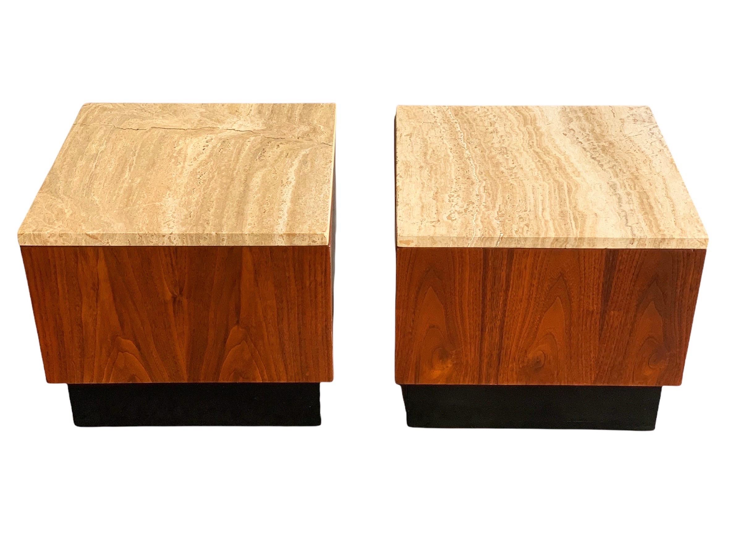 Pair of MidCentury Adrian Pearsall Cube Pedestal Tables in Walnut and Travertine 1