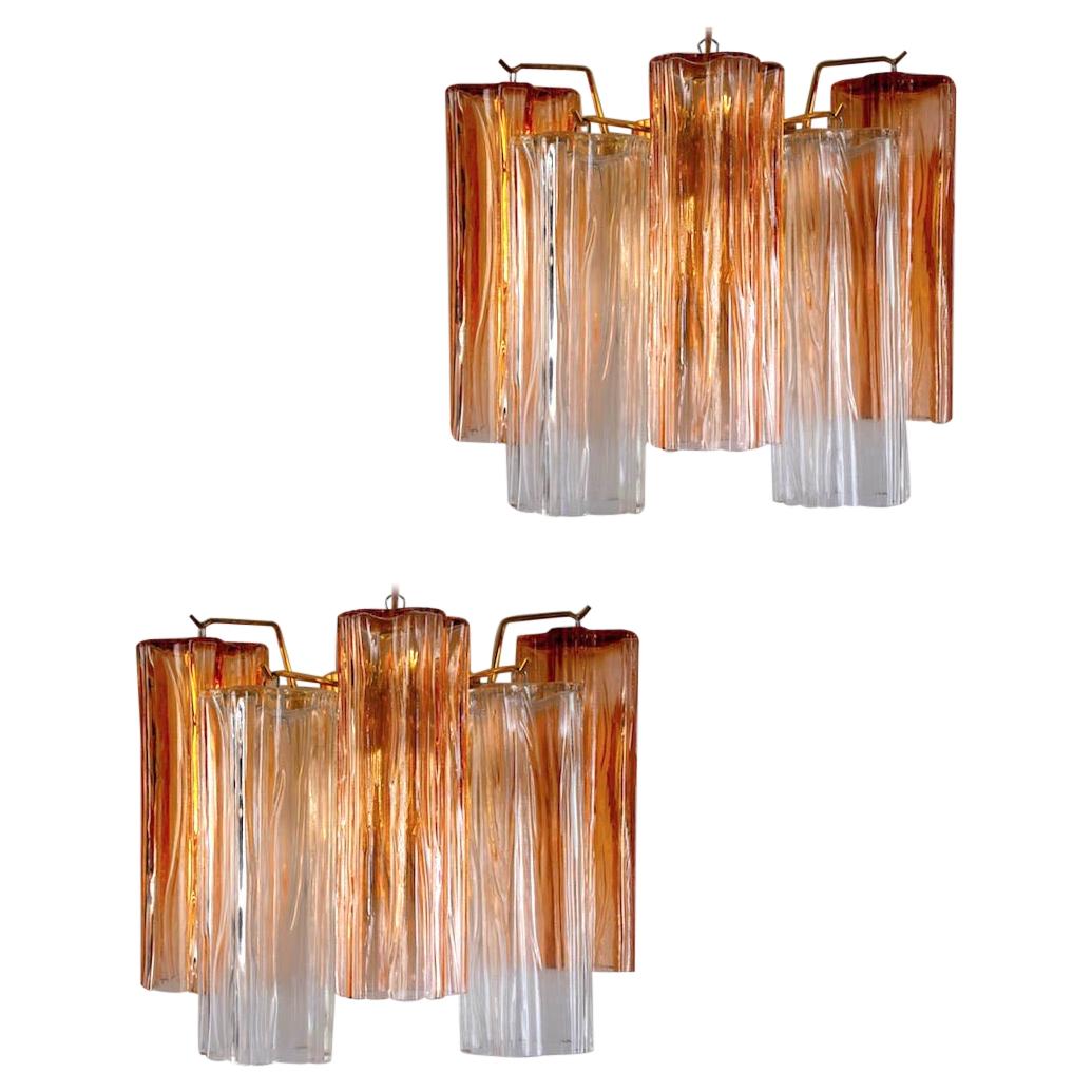 Pair of Midcentury Amber and Clear Murano Glass Scones For Sale