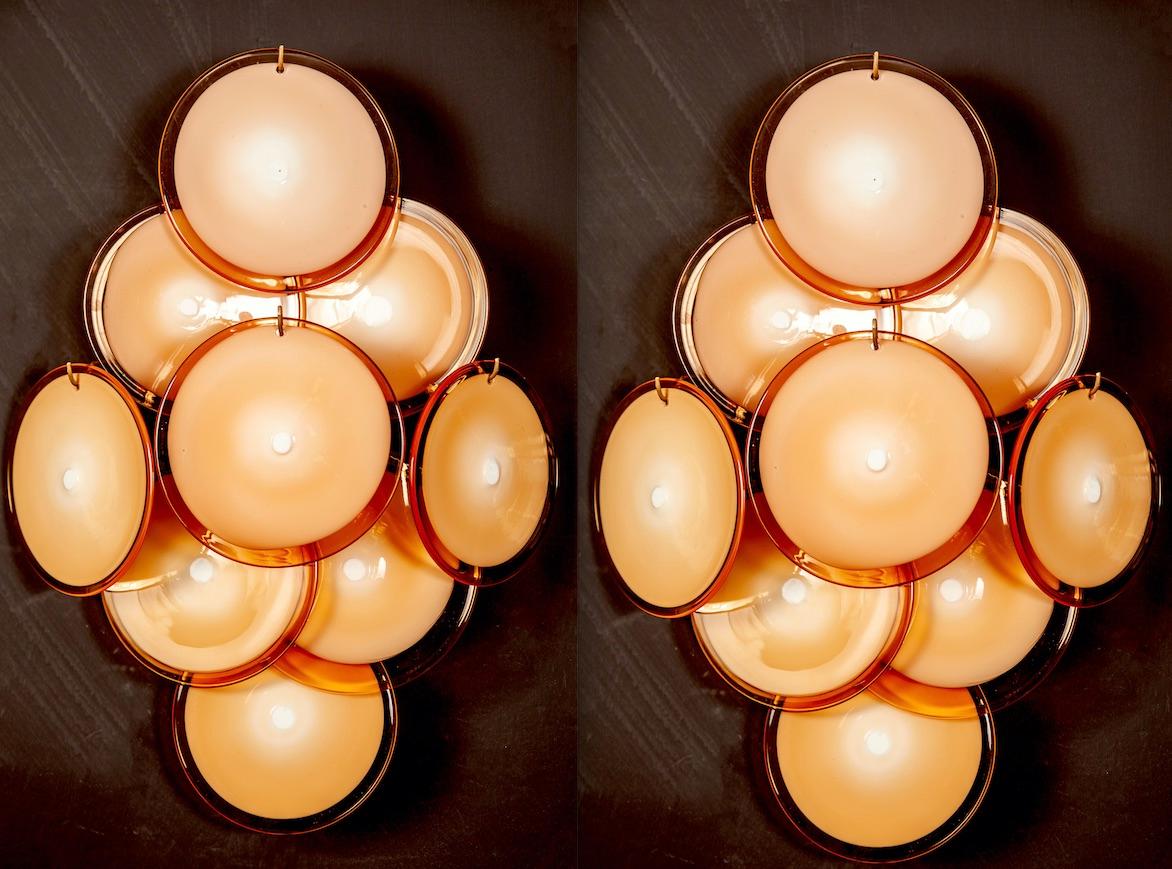 Pair of Midcentury Amber Murano Glass Discs Italian Chandeliers, 1970s For Sale 6