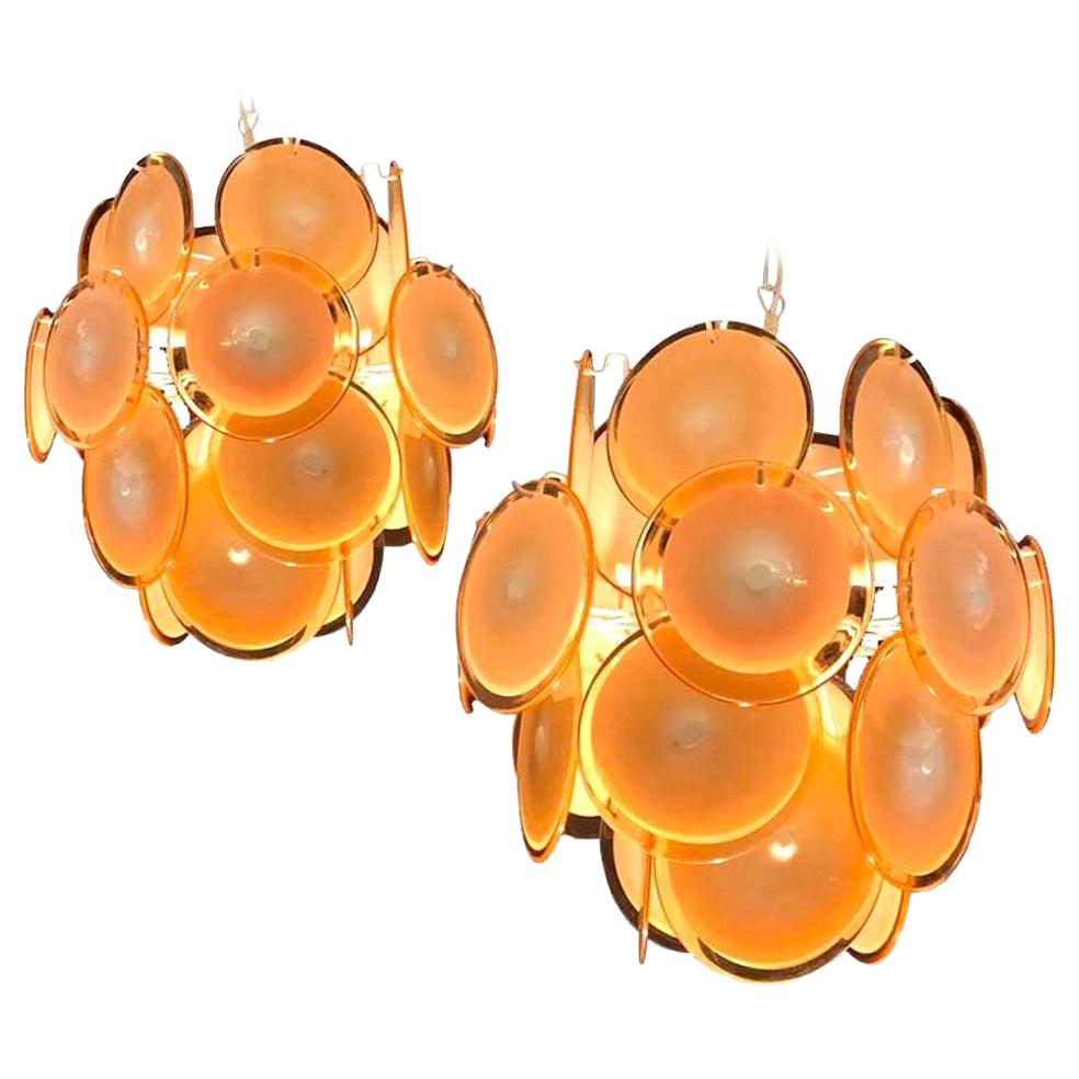 Pair of Midcentury Amber Murano Glass Discs Italian Chandeliers, 1970s