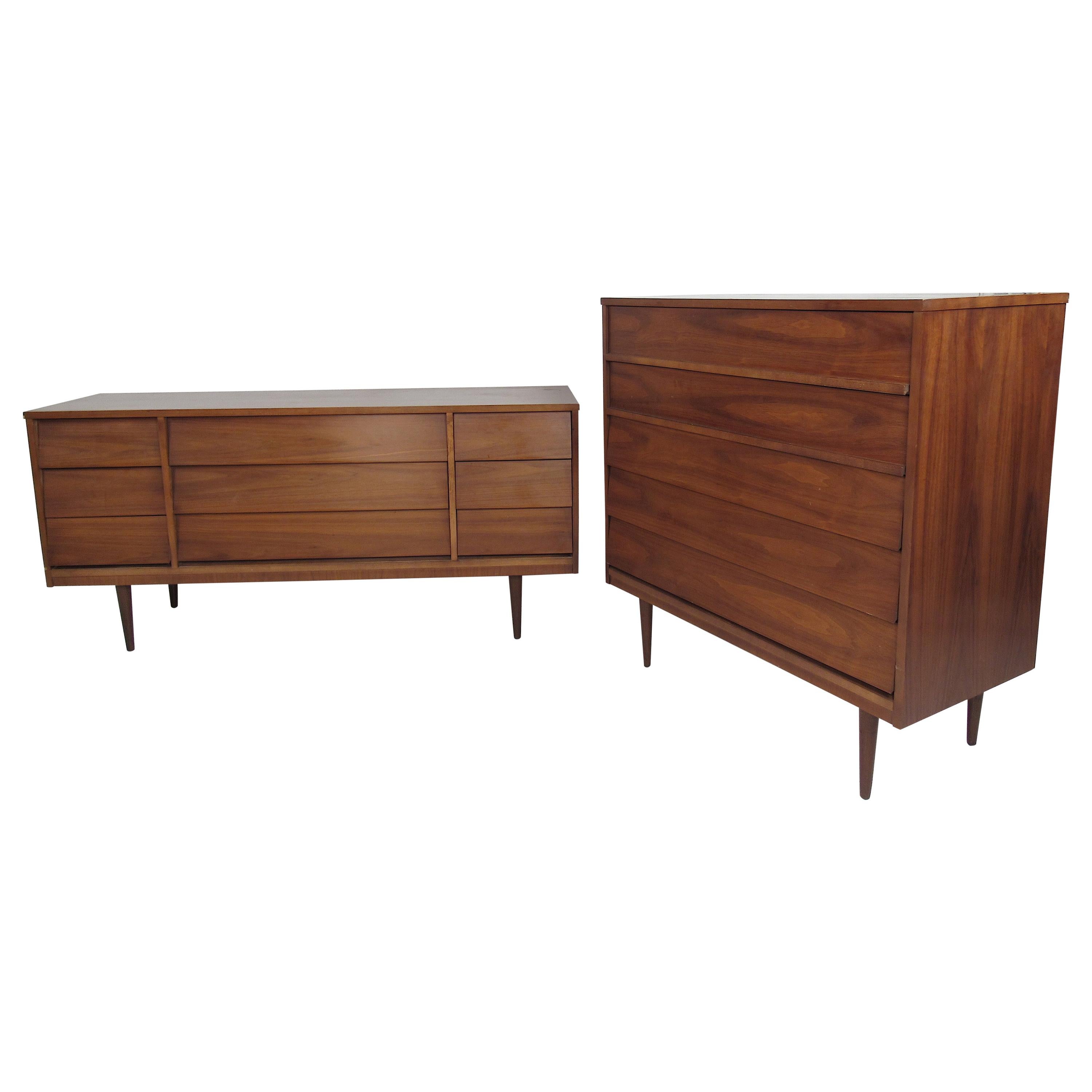 Pair of Midcentury American Walnut Dressers by Dixie Furniture