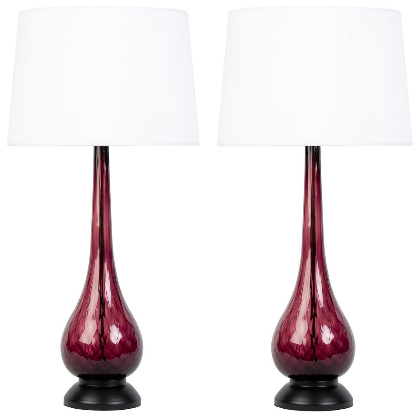 Pair of Midcentury Amethyst Colored Lamps Attributed to Blenko Glass