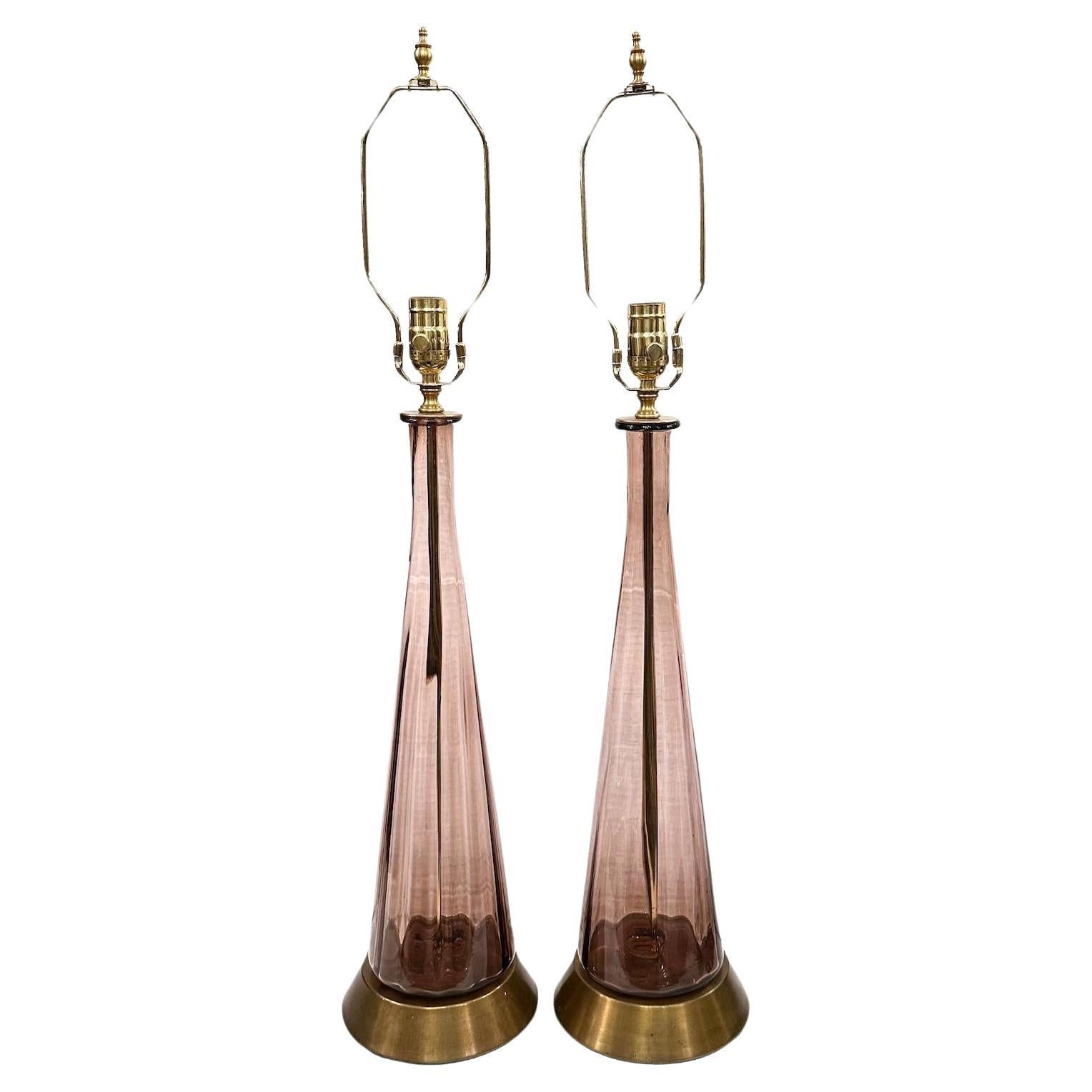 Pair of Midcentury Amethyst Glass Lamps For Sale