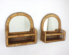 Pair of Midcentury Arch Top Shelf Mirrors, Rattan & Woven Wicker, Spain, 1960s