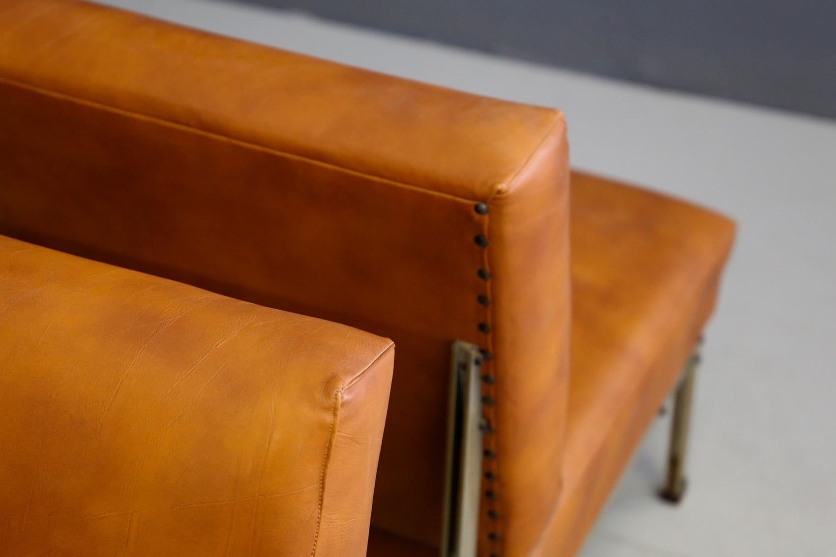 Mid-Century Modern Pair of Midcentury Armchairs Style of Florence Knoll in Leather Brown, 1950