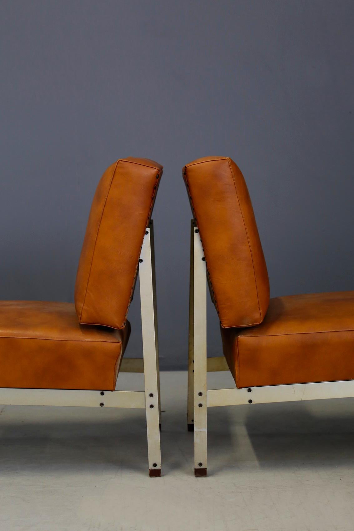 American Pair of Midcentury Armchairs Style of Florence Knoll in Leather Brown, 1950
