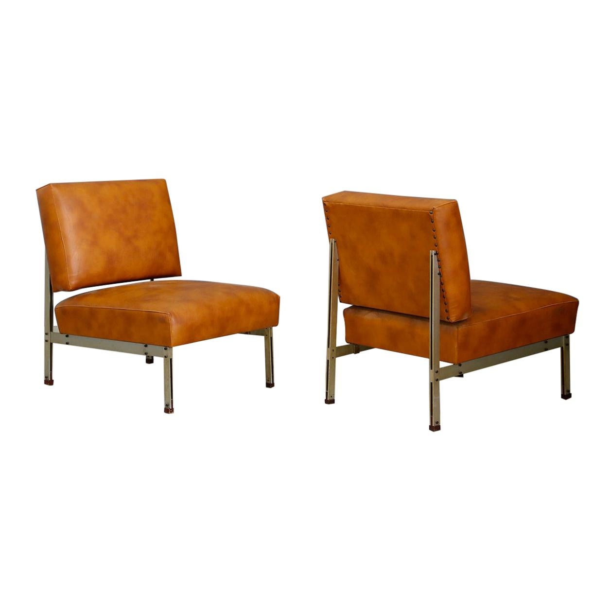 Pair of Midcentury Armchairs Style of Florence Knoll in Leather Brown, 1950