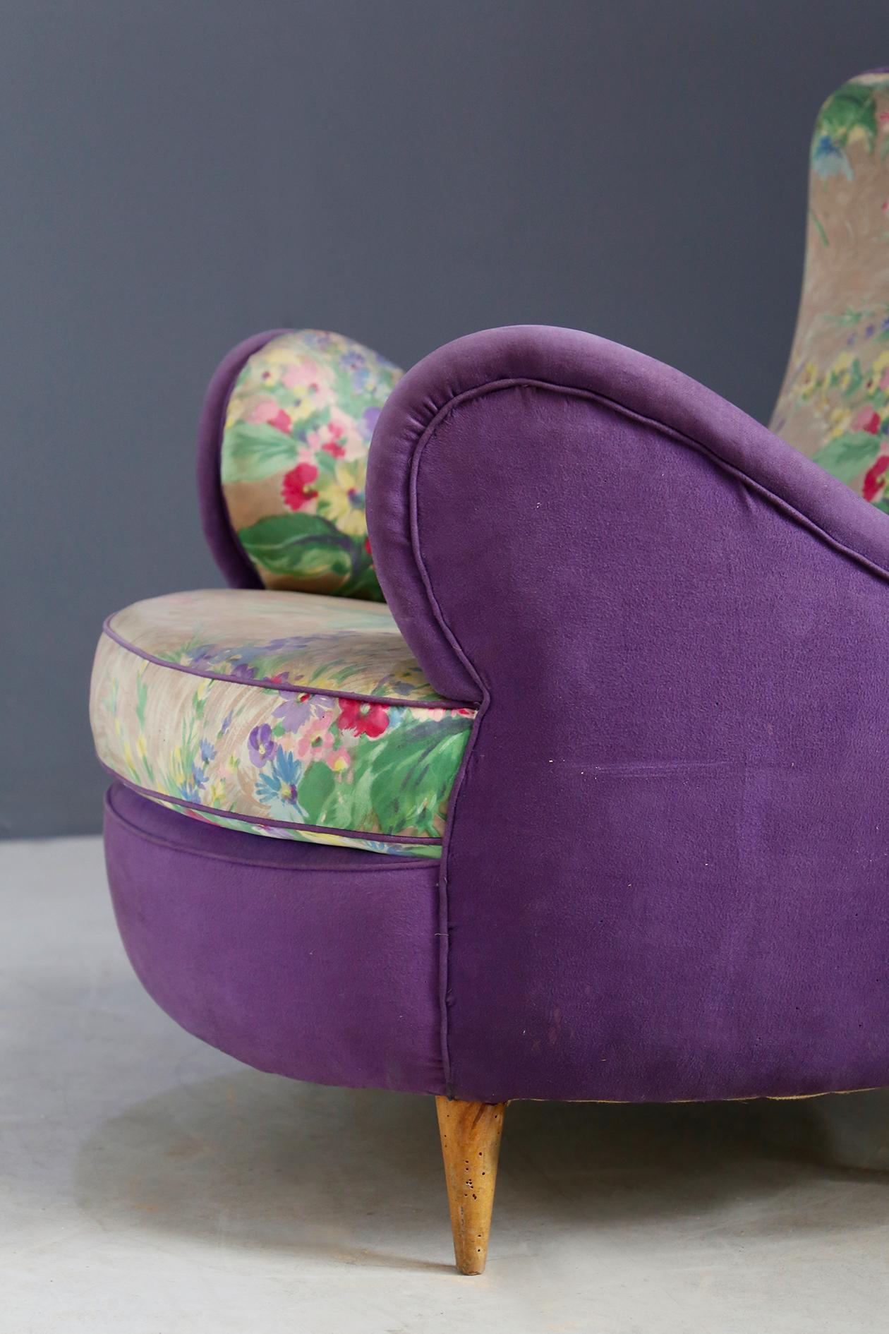 Pair of Midcentury Armchairs Attributed to Rito Valla Fabric Fede Cheti Purple 2