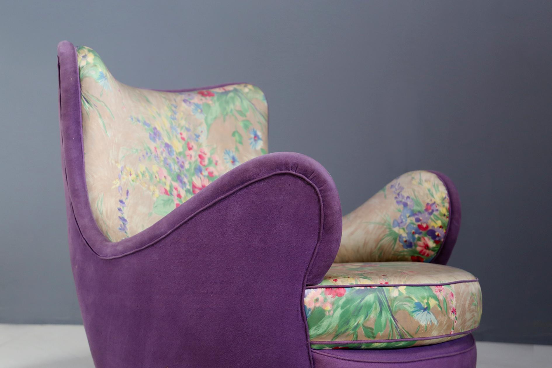 Mid-Century Modern Pair of Midcentury Armchairs Attributed to Rito Valla Fabric Fede Cheti Purple