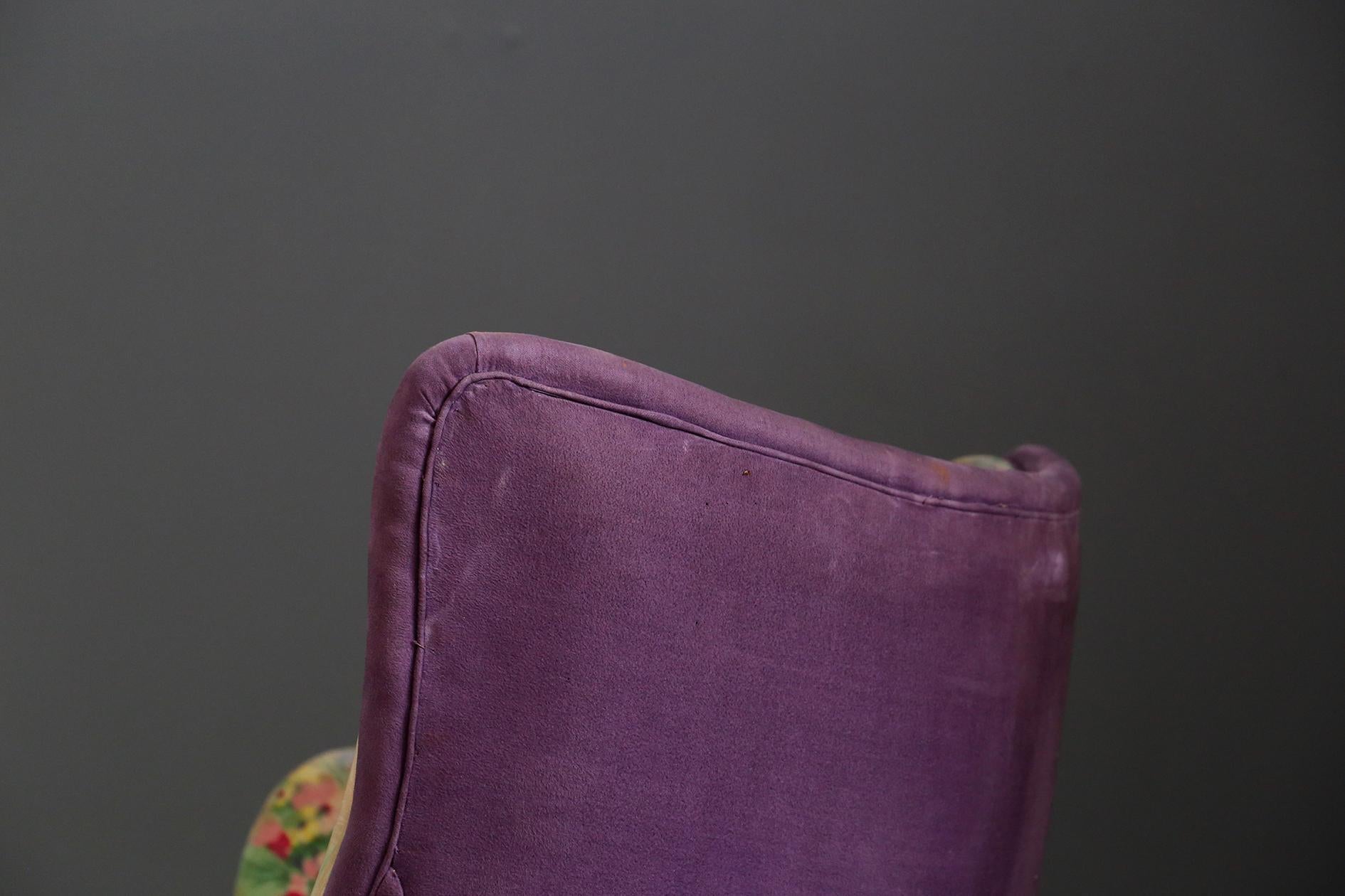 Italian Pair of Midcentury Armchairs Attributed to Rito Valla Fabric Fede Cheti Purple