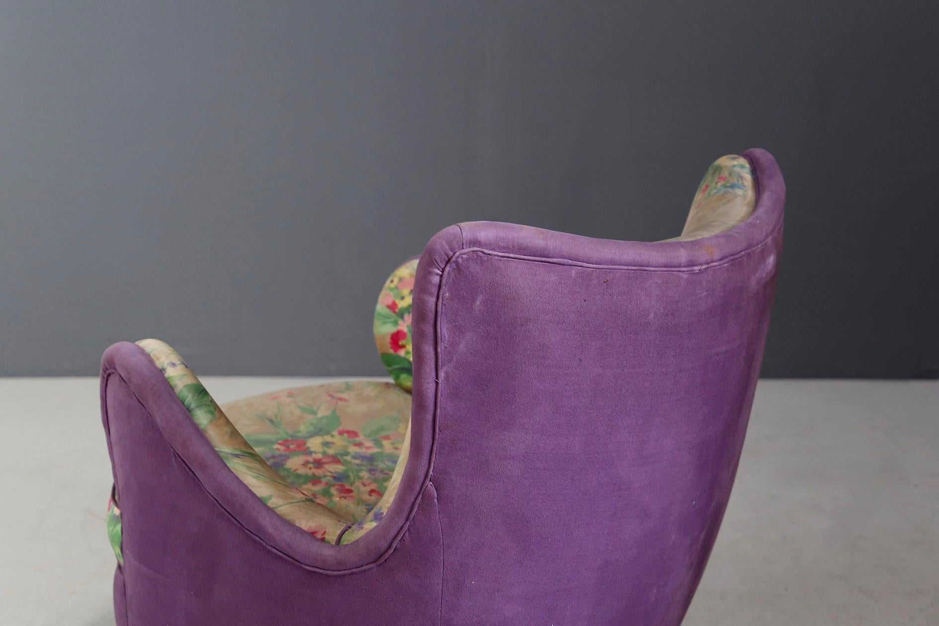 Mid-20th Century Pair of Midcentury Armchairs Attributed to Rito Valla Fabric Fede Cheti Purple